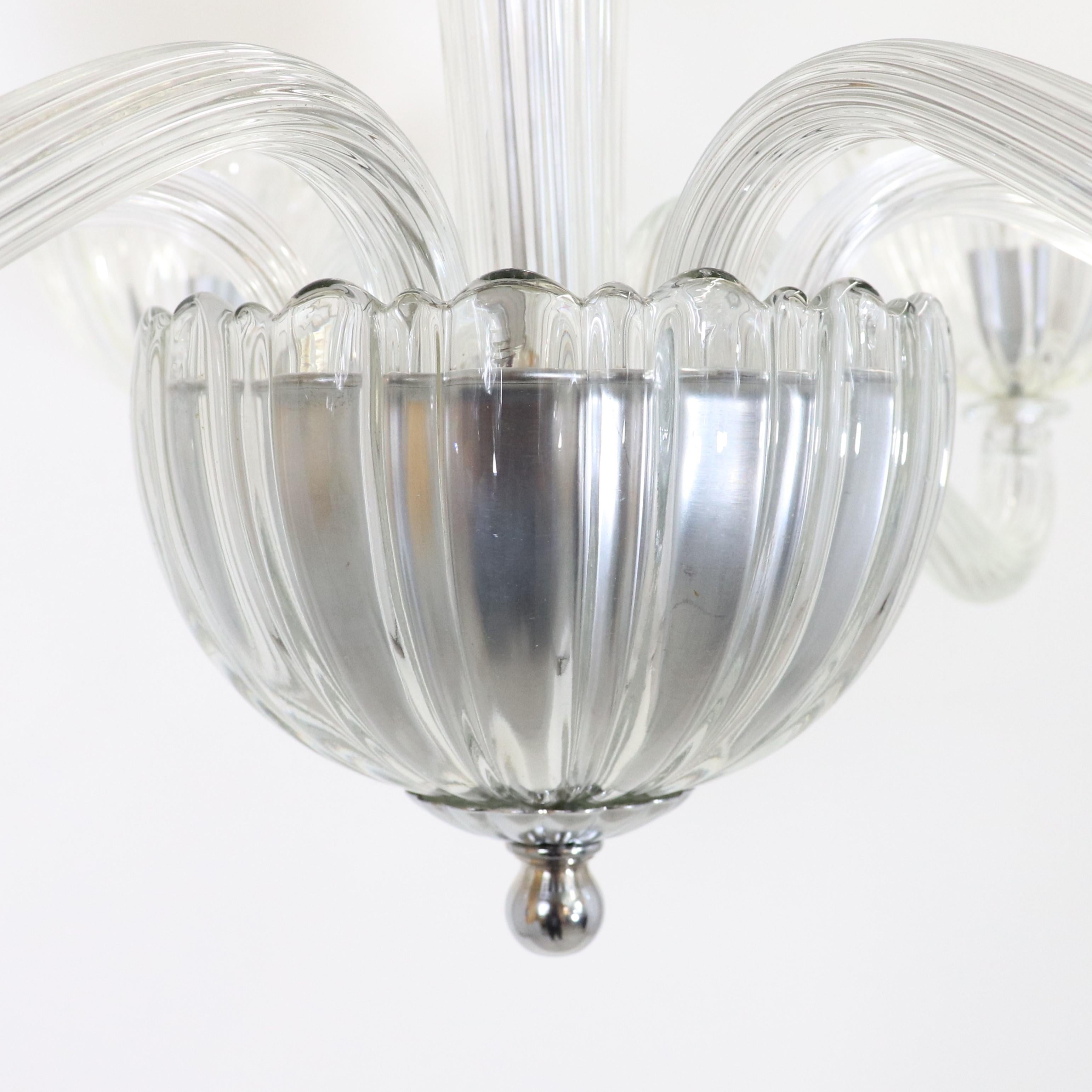 Mid-Century Ribbed Murano Glass Chandelier with Six Scalloped Edges Bobeches 8