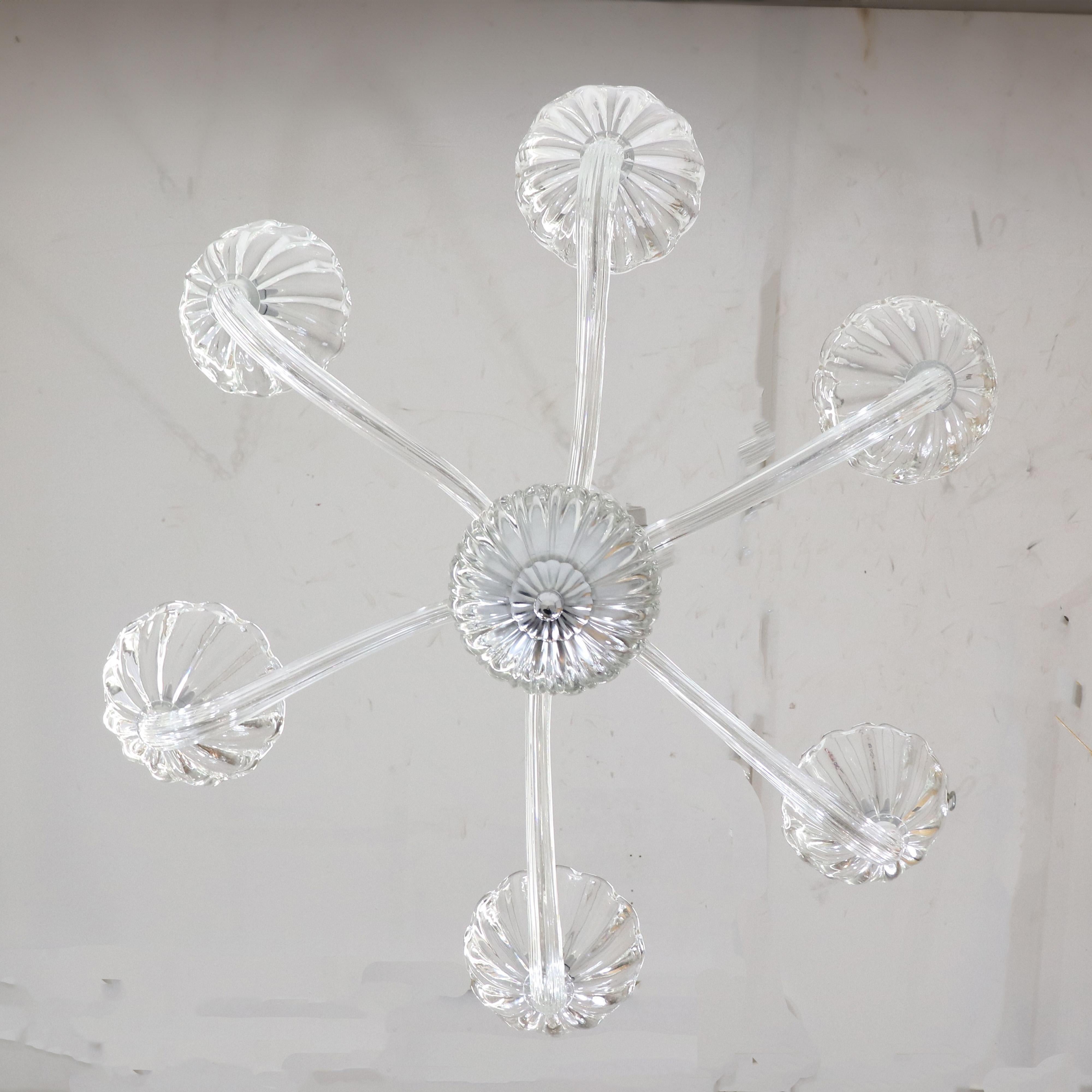 Mid-Century Ribbed Murano Glass Chandelier with Six Scalloped Edges Bobeches 11