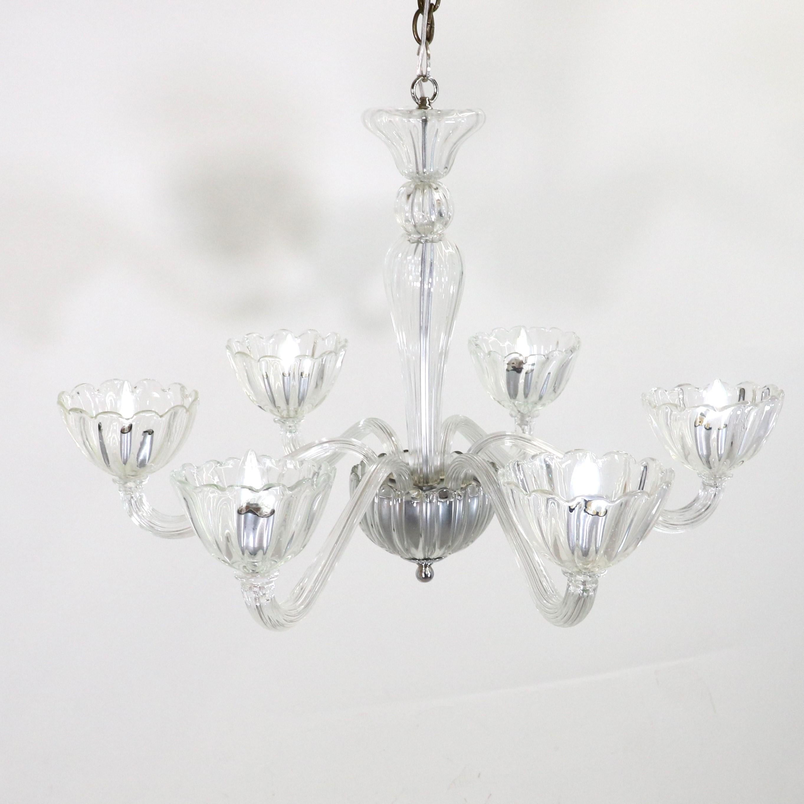 Italian Mid-Century Ribbed Murano Glass Chandelier with Six Scalloped Edges Bobeches