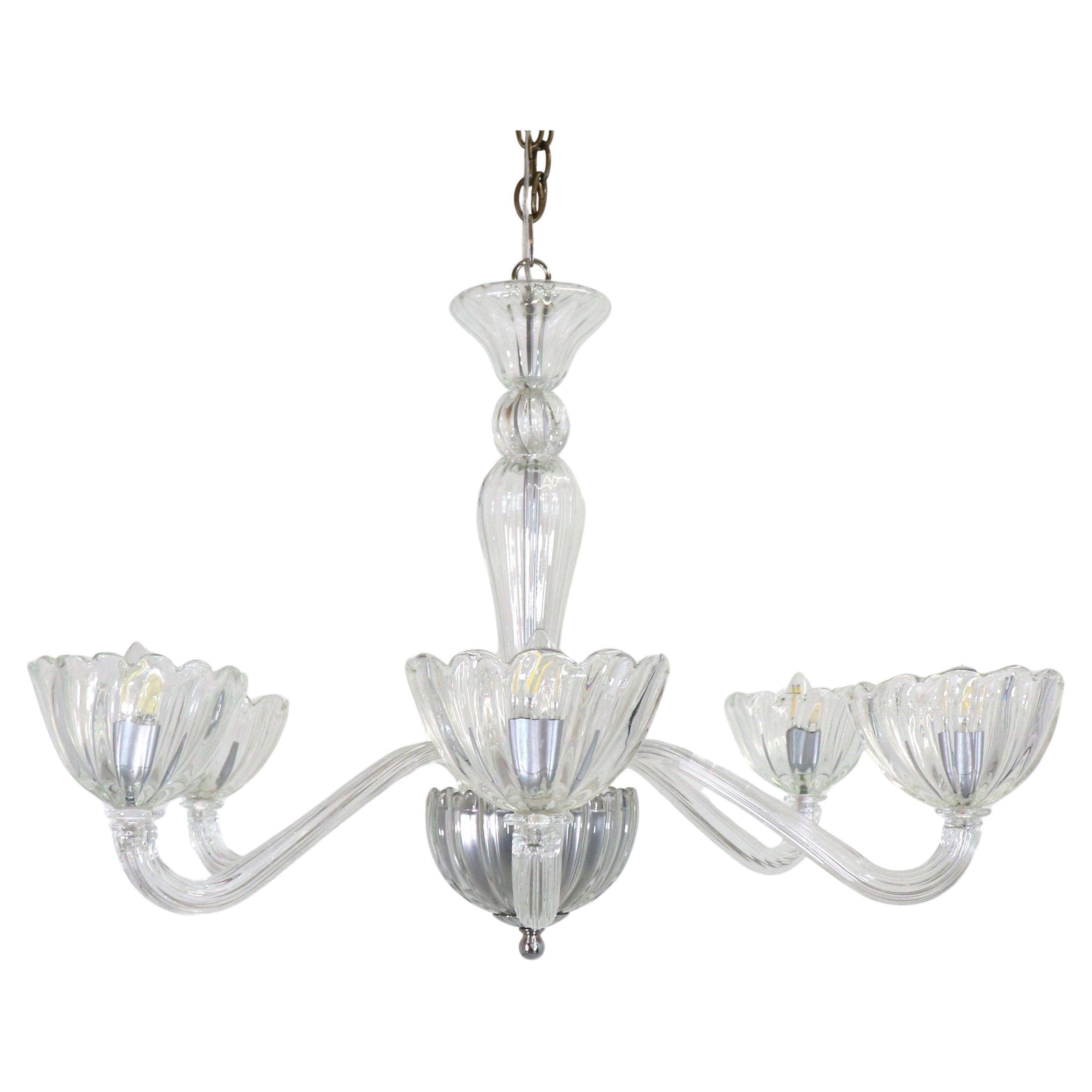  Mid-Century Ribbed Murano Glass Chandelier with Six Scalloped Edges Bobeches