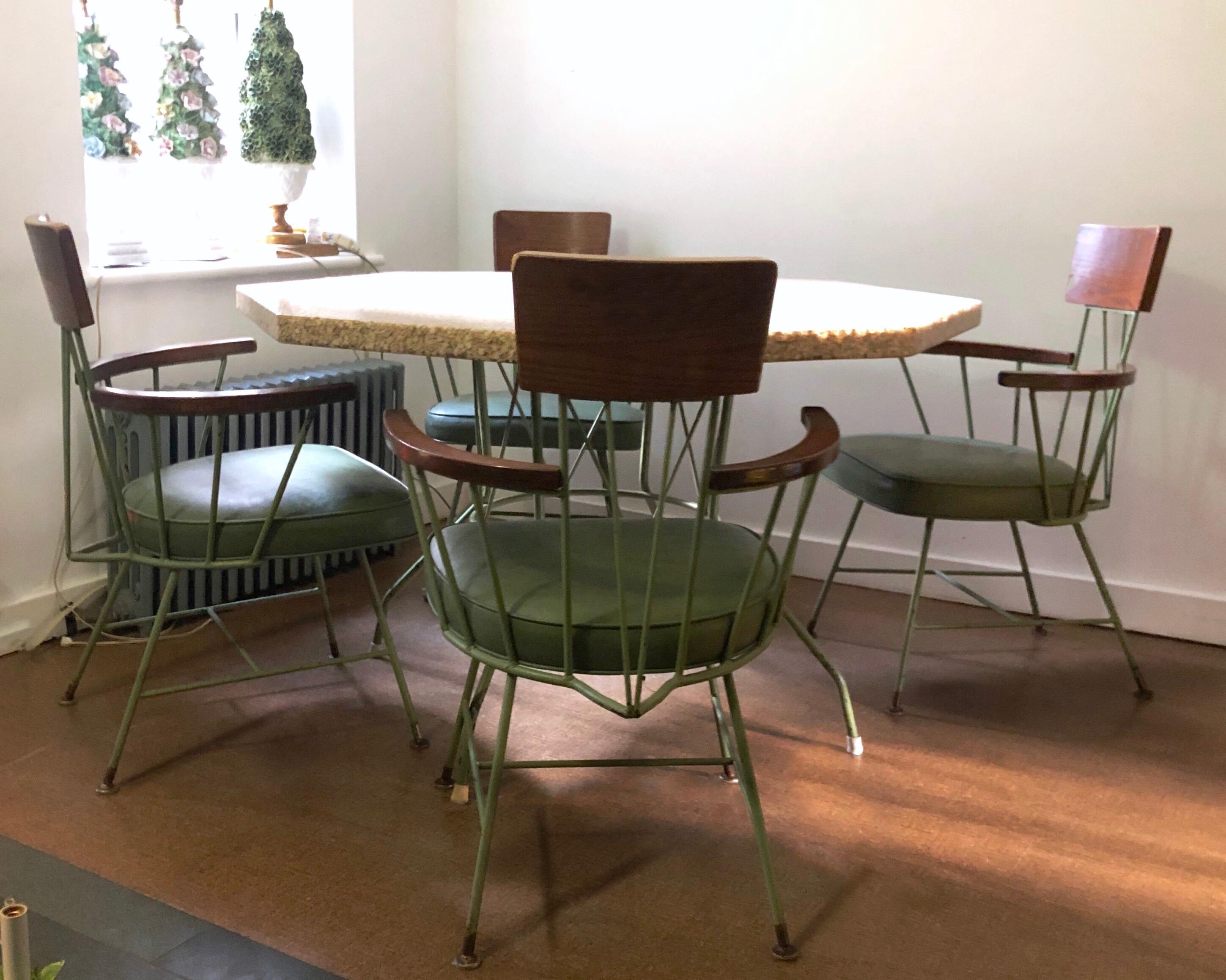 Mid-Century Richard McCarthy Americana Iron Wood & Pebble Dining Set 4 armchairs.

Vintage green wrought iron and ash wood pebble-top dinette / kitchenette set for four.

Mid-Century Modern dining suite consisting of a table and four chairs. The