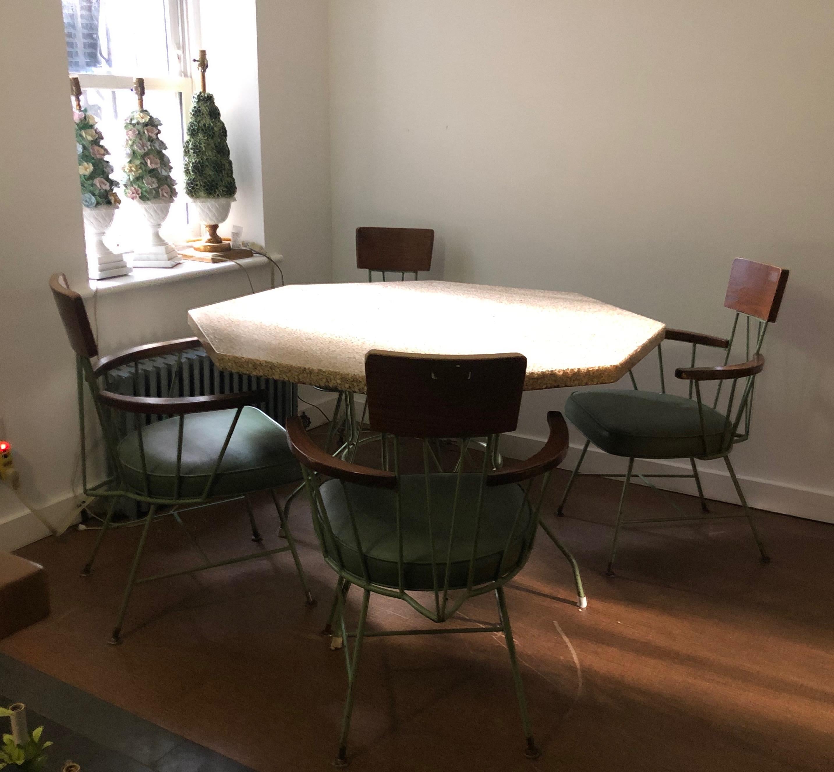 Midcentury Richard McCarthy Americana Iron Wood & Pebble Dining Set 4 armchairs.

Vintage green wrought iron and ashwood pebble-top dinette / kitchenette set for four.

Mid-Century Modern dining suite consisting of a table and four chairs. The table
