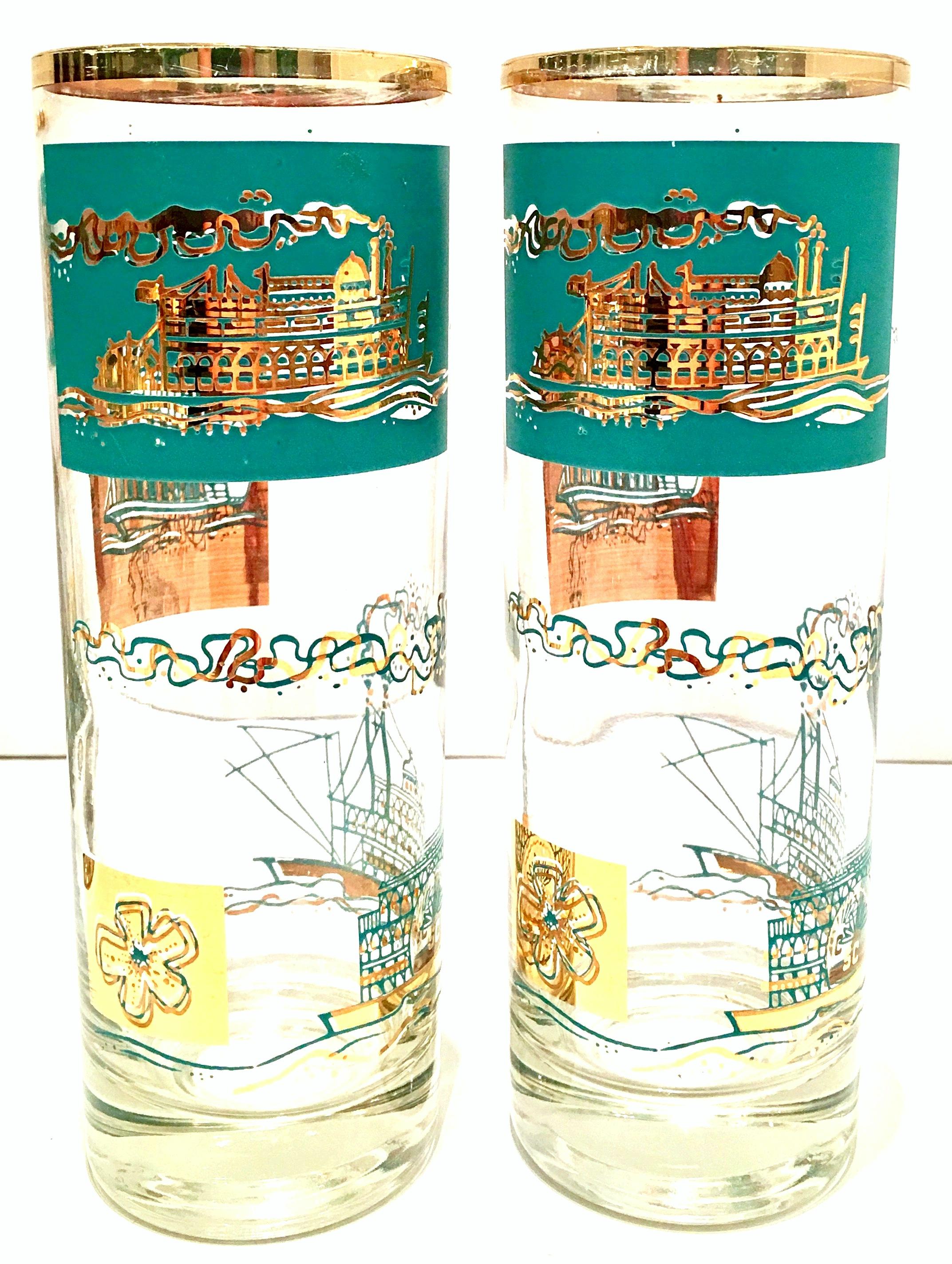 Mid-20th Century 22-karat gold and turquoise river boat motif drink glasses, set of 14 pieces.
Set includes, 8 Tom Collins glasses: 7