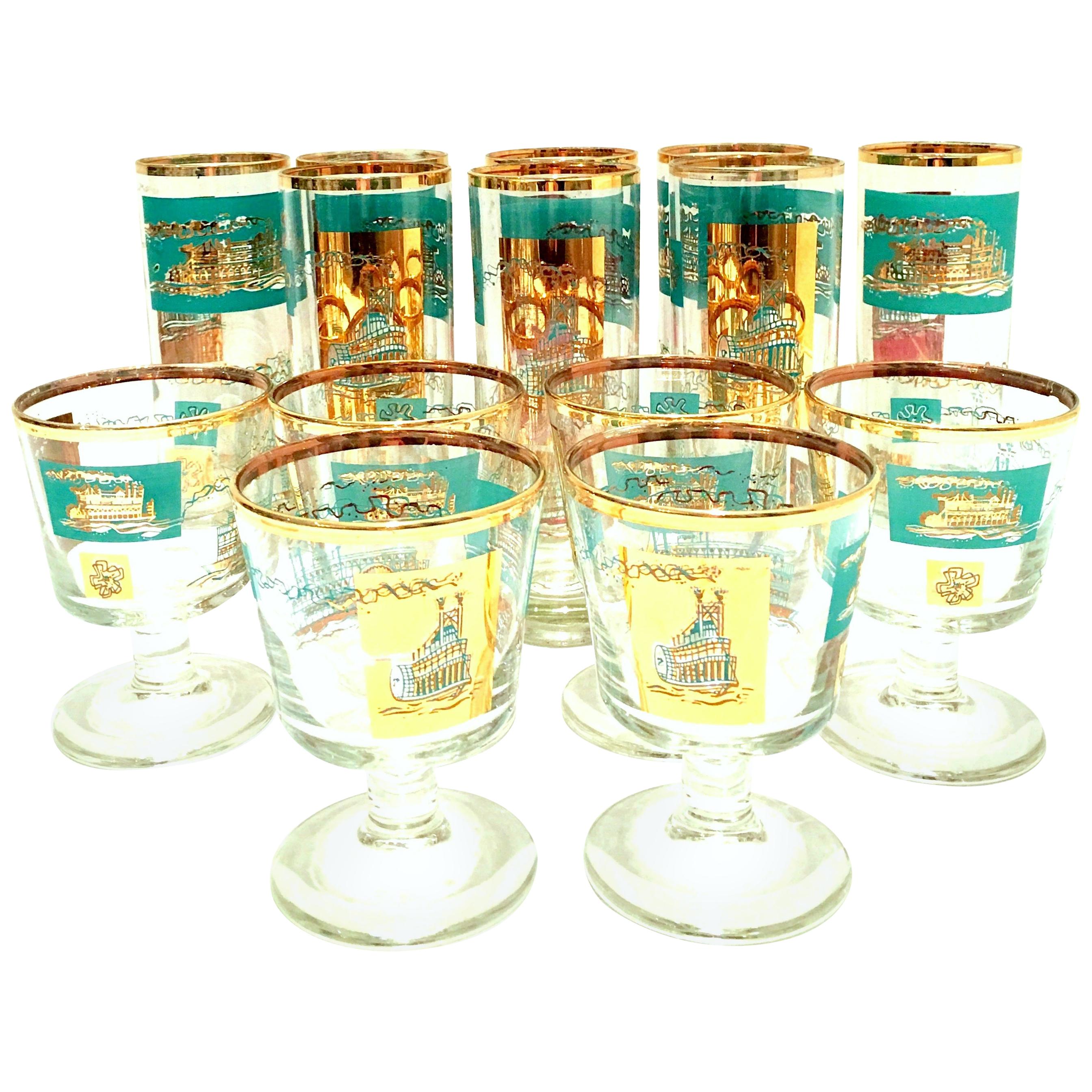 Mid-Century "River Boat" 22-Karat Gold Drink Glasses Set of 14