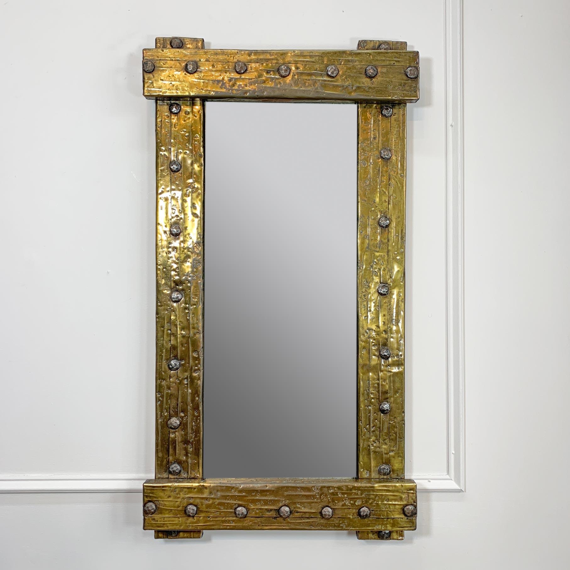 Hand-Crafted Mid-Century Riveted Gold Brass Brutalist Mirror For Sale