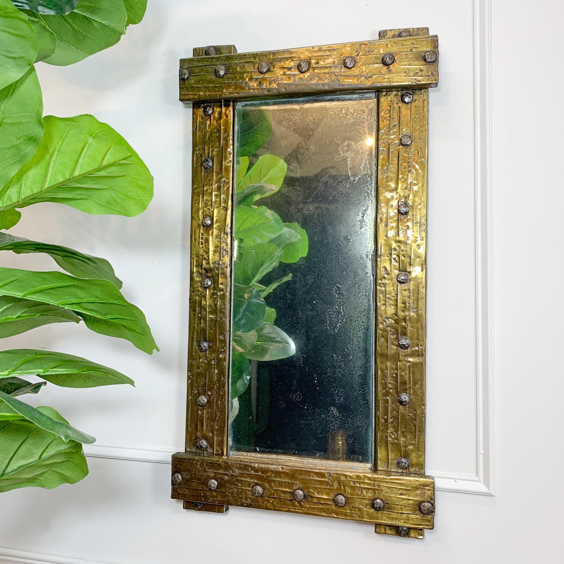 Mid-Century Riveted Gold Brass Brutalist Mirror For Sale 2