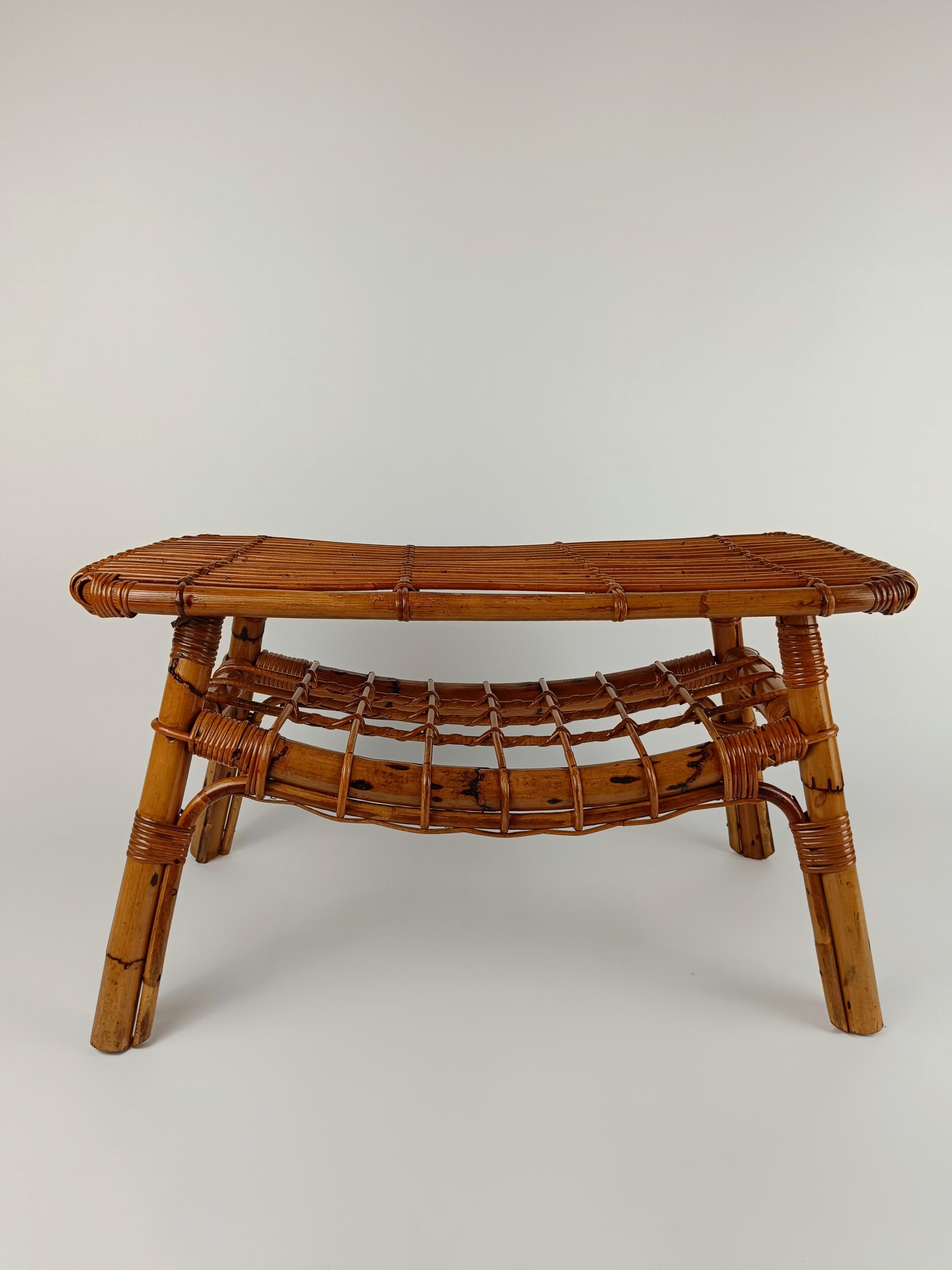 Mid-Century Modern Midcentury Riviera Coffee Table with Magazine Rack, Made in Bamboo & Rattan For Sale