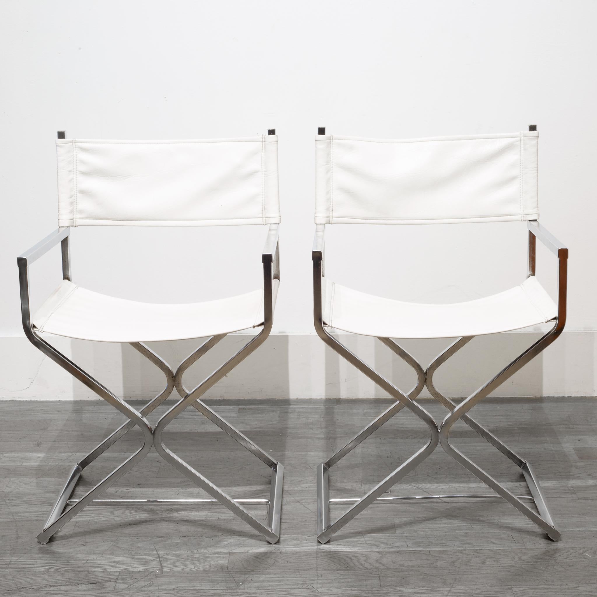 About:

Price is for the pair. 

A set of matching virtue brothers Mid-Century Modern original directors style chairs. The chairs have tubular steel chrome construction with original Naugahyde seats and backs.

Creator: Robert Kjer Jakobsen,