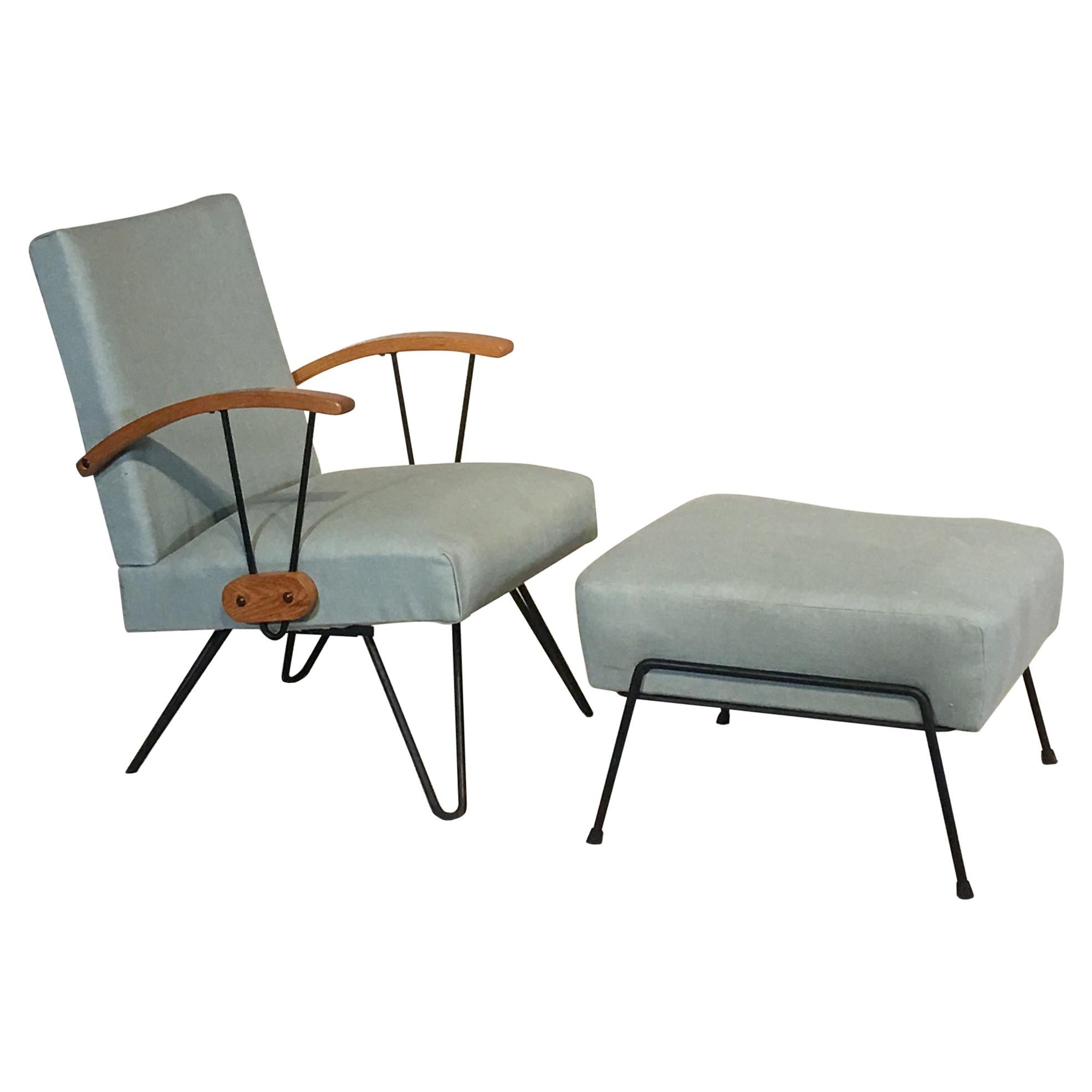 Midcentury Rocker with Iron Hairpin Legs and Foot Stool