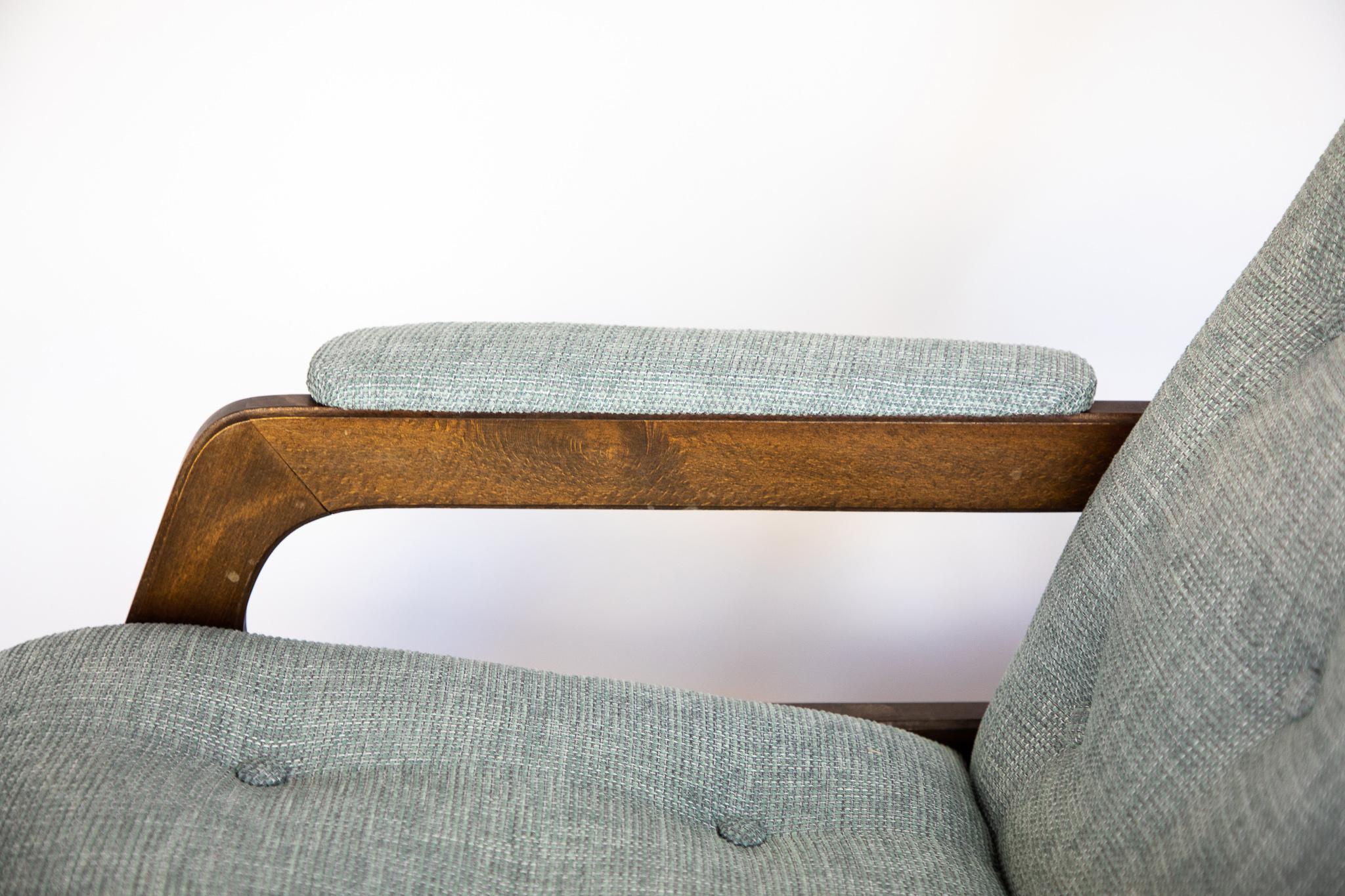 Upholstery  Mid Century Rocking Chair in Solid Wood and Ice Blue Reupholstery, Italy 1960s For Sale