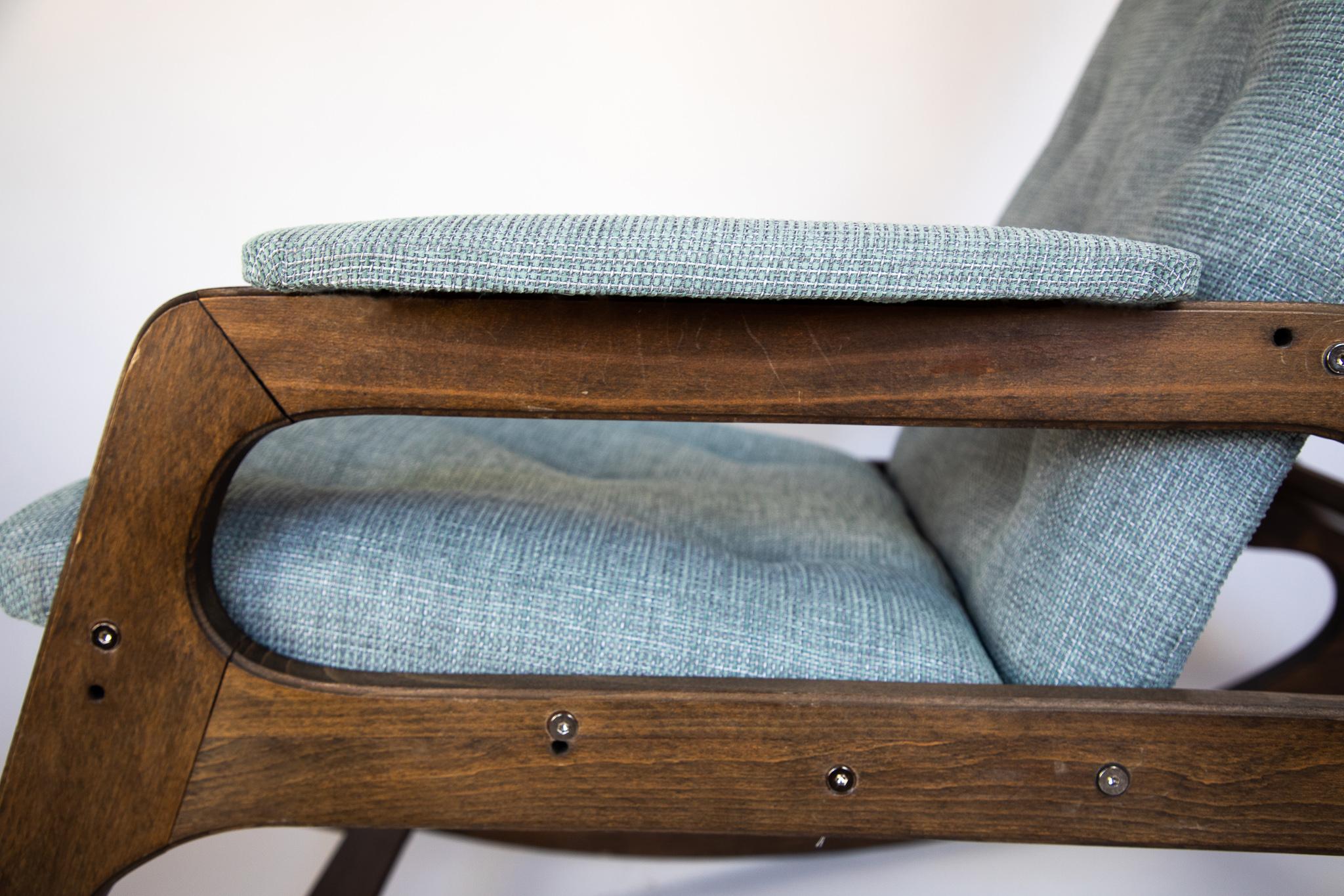 Italian  Mid Century Rocking Chair in Solid Wood and Ice Blue Reupholstery, Italy 1960s For Sale