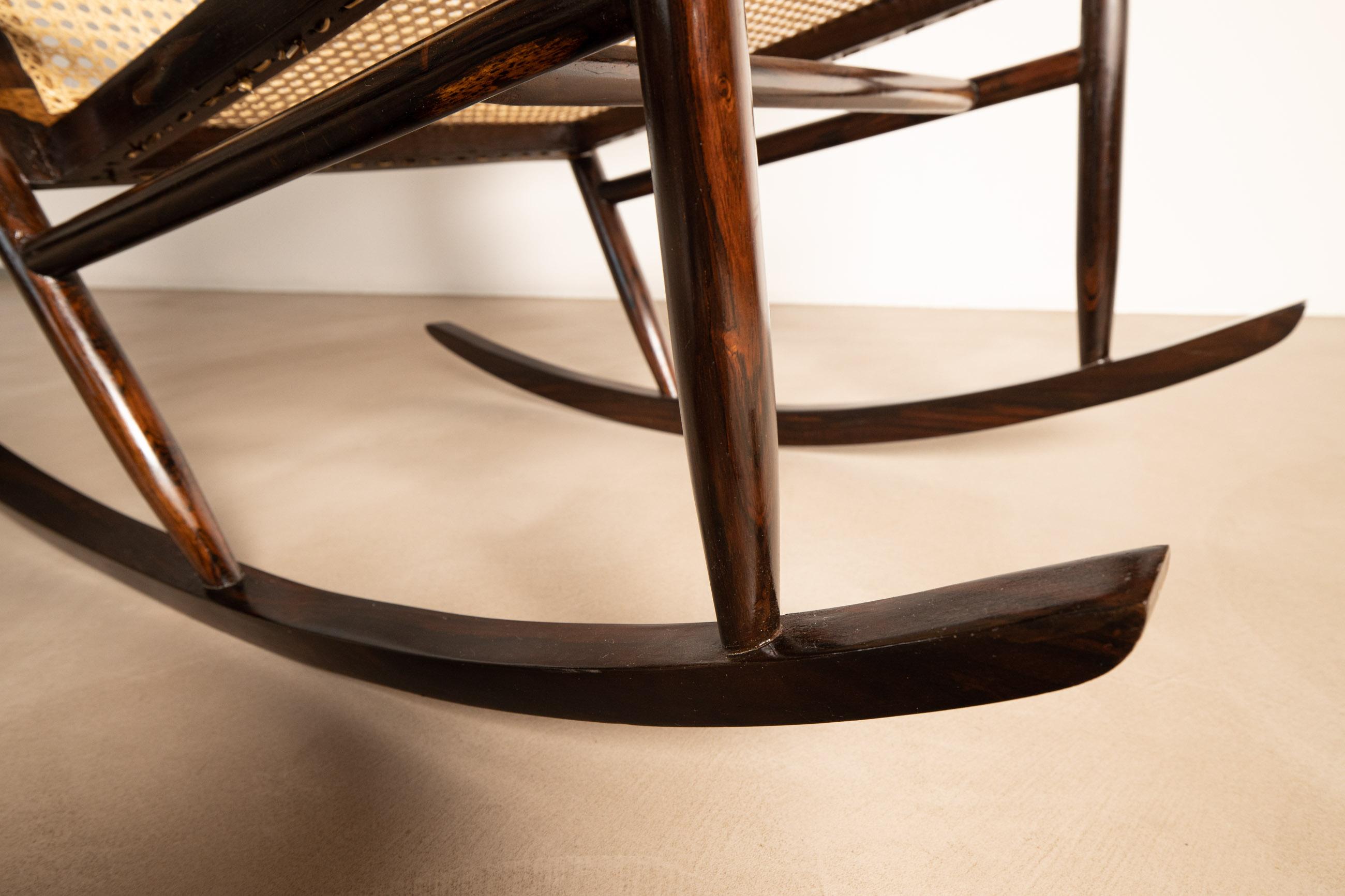 Mid-Century Modern Joaquim Tenreiro Rocking Chair, Jacaranda Wood & Cane, Brazilian For Sale
