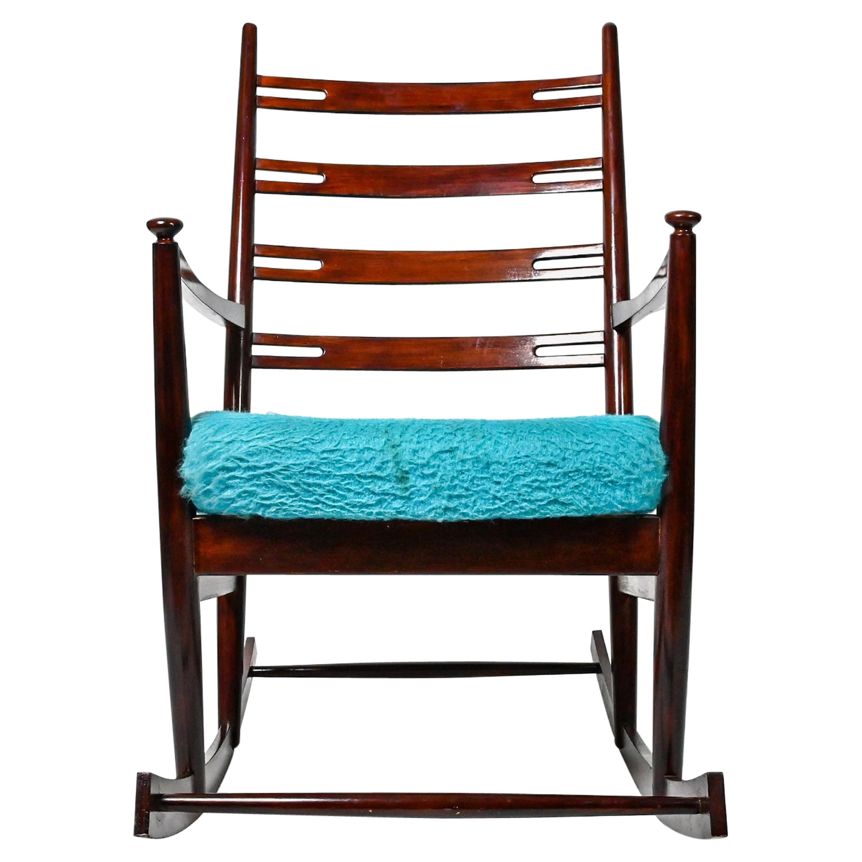 Midcentury Rocking Chair, Bright Blue Colour Fabric For Sale