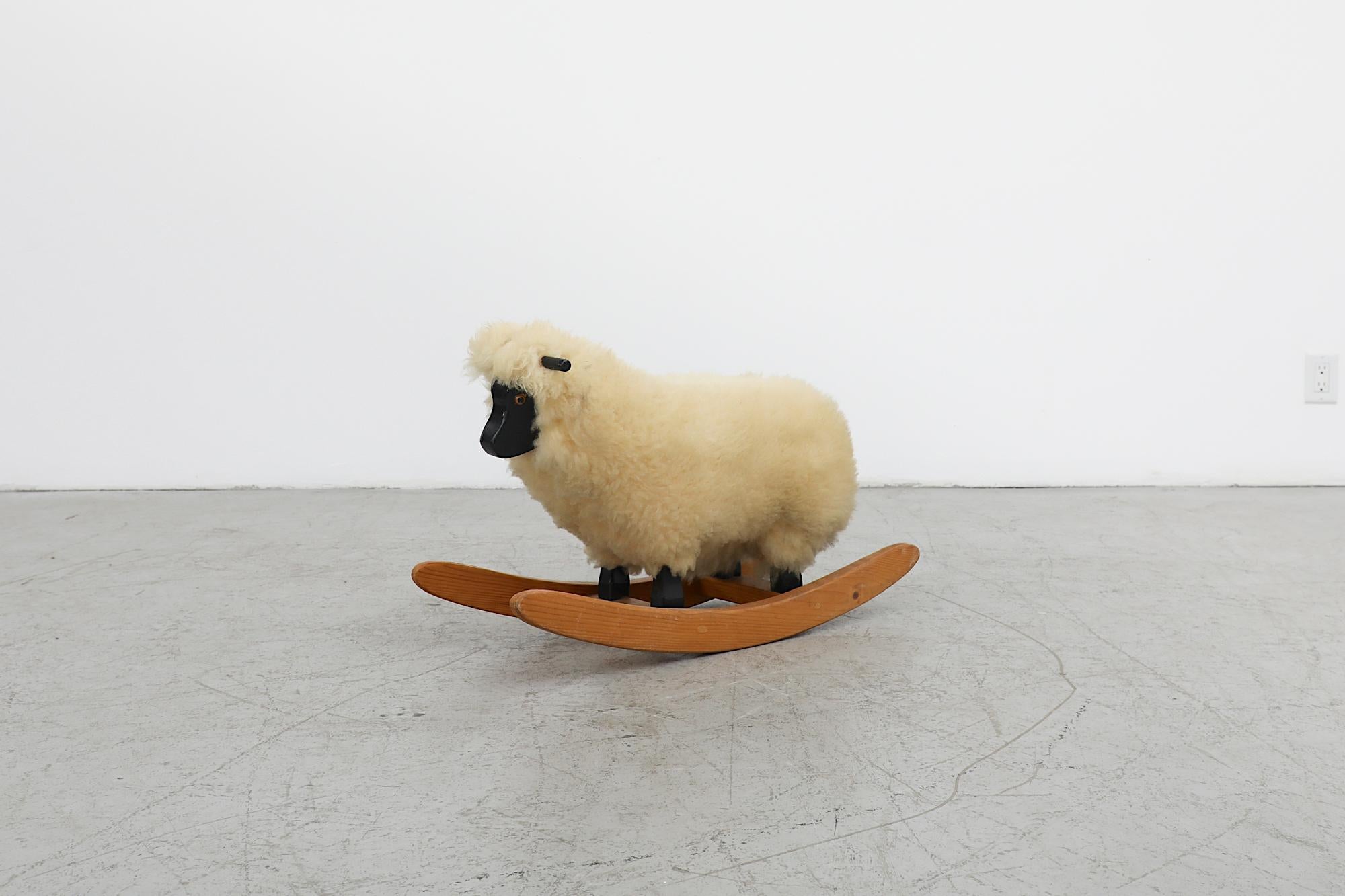 Mid-Century Rocking Sheep w/ Real Sheepskin, Black Painted and Natural Wood For Sale 1