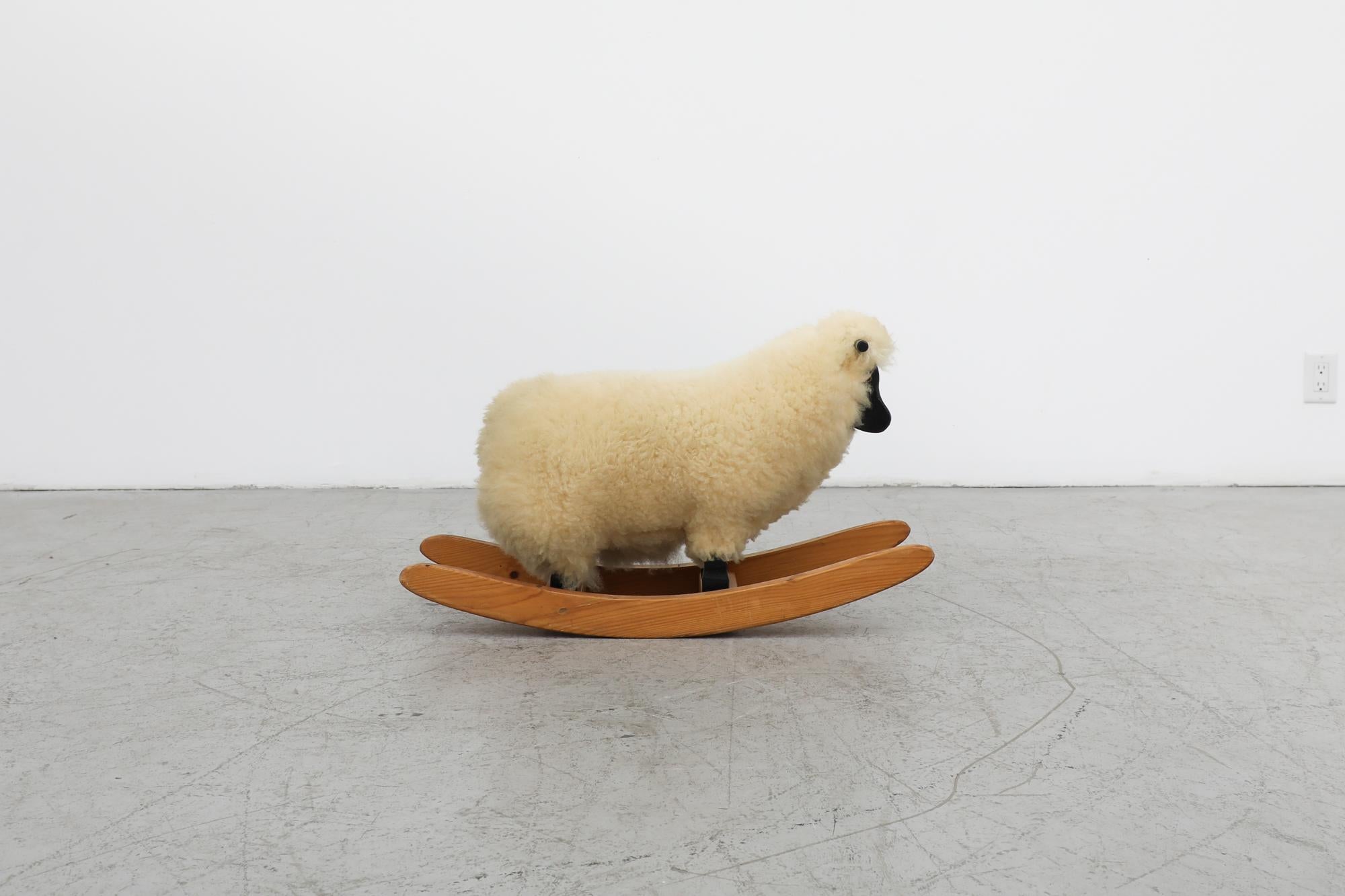 Mid-Century Rocking Sheep w/ Real Sheepskin, Black Painted and Natural Wood In Good Condition For Sale In Los Angeles, CA