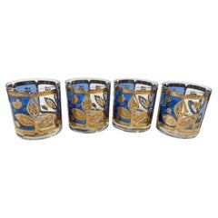 Mid-Century Rocks Glasses by Culver, LTD. in Blue and Gold Floral Pattern