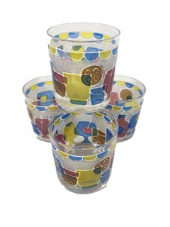 Mid-Century Rocks Glasses with Pebbled Design of Brightly Colored Cocktails