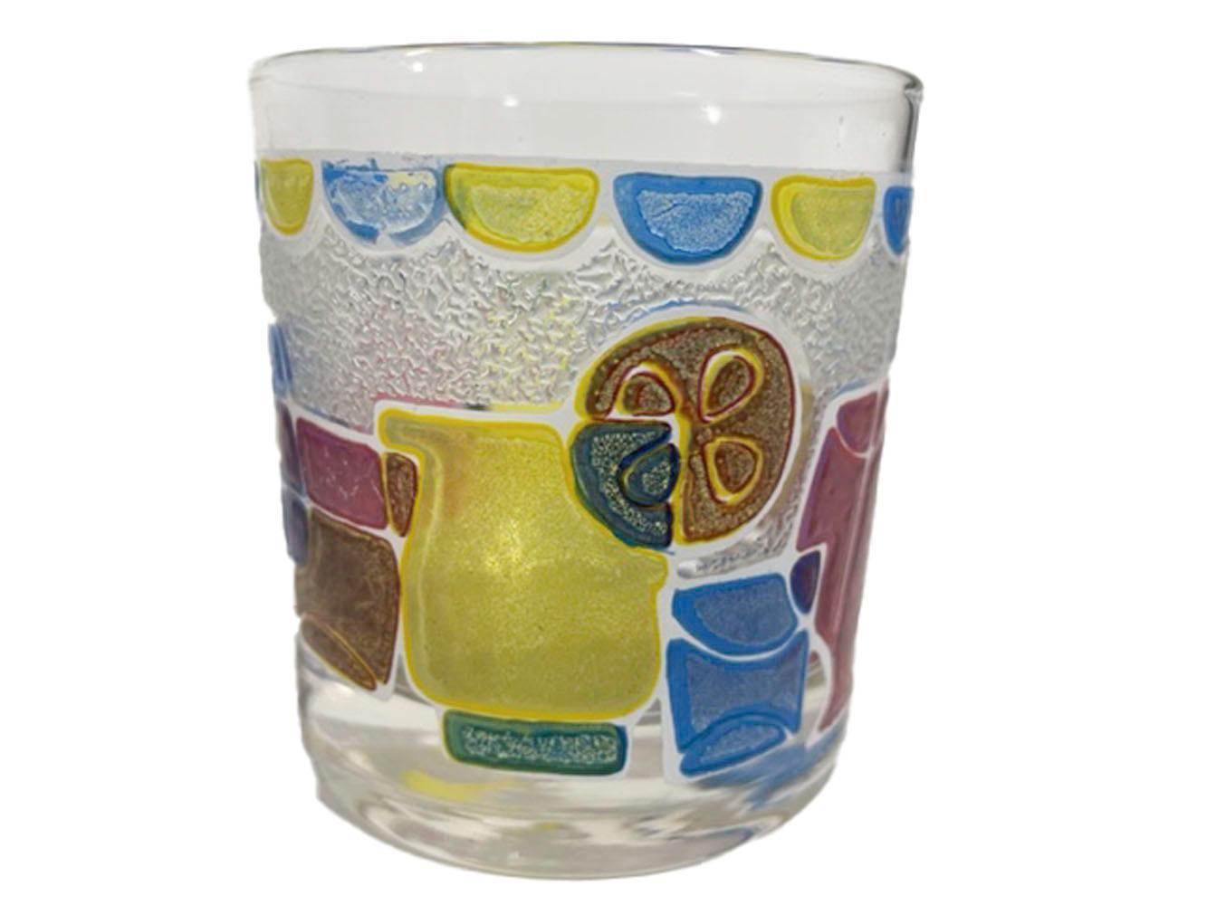 American Mid-Century Rocks Glasses with Pebbled Design of Brightly Colored Cocktails For Sale