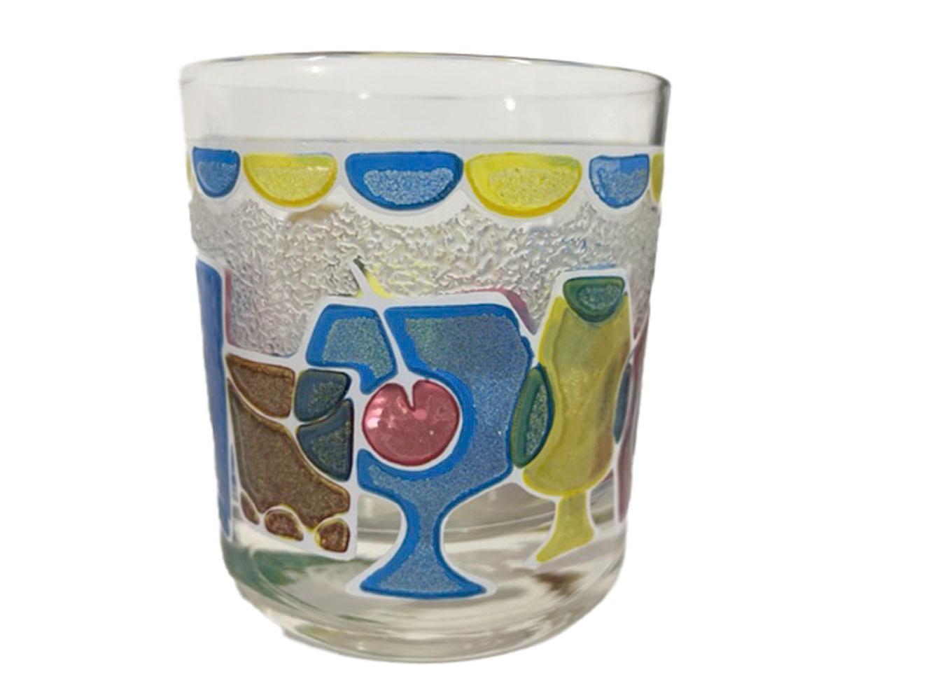 20th Century Mid-Century Rocks Glasses with Pebbled Design of Brightly Colored Cocktails For Sale