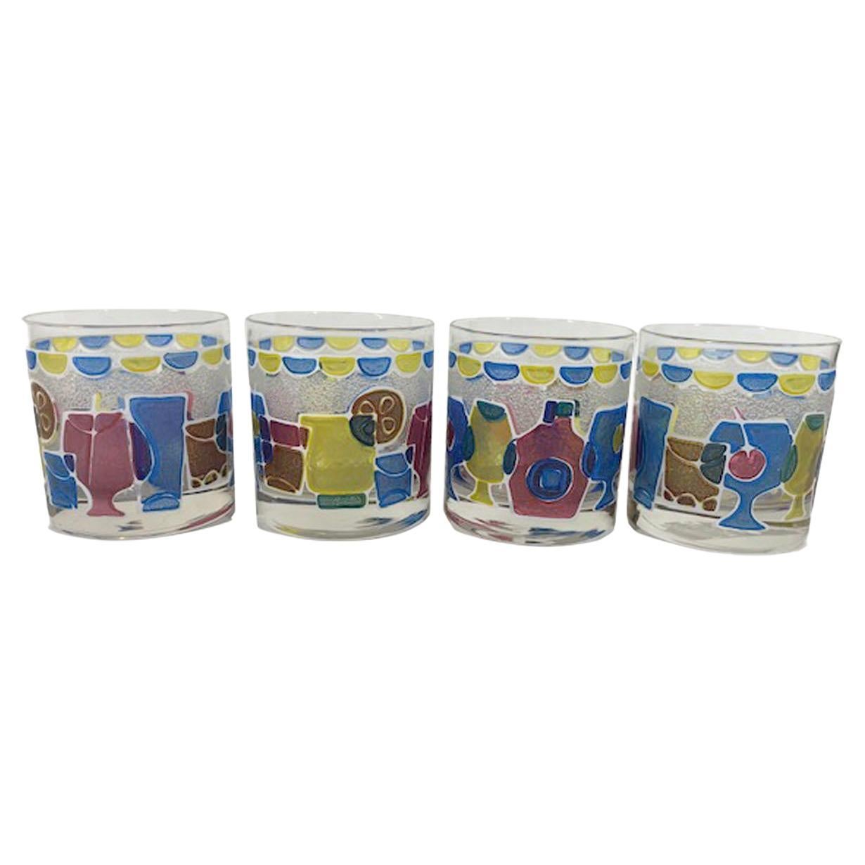 Mid-Century Rocks Glasses with Pebbled Design of Brightly Colored Cocktails For Sale