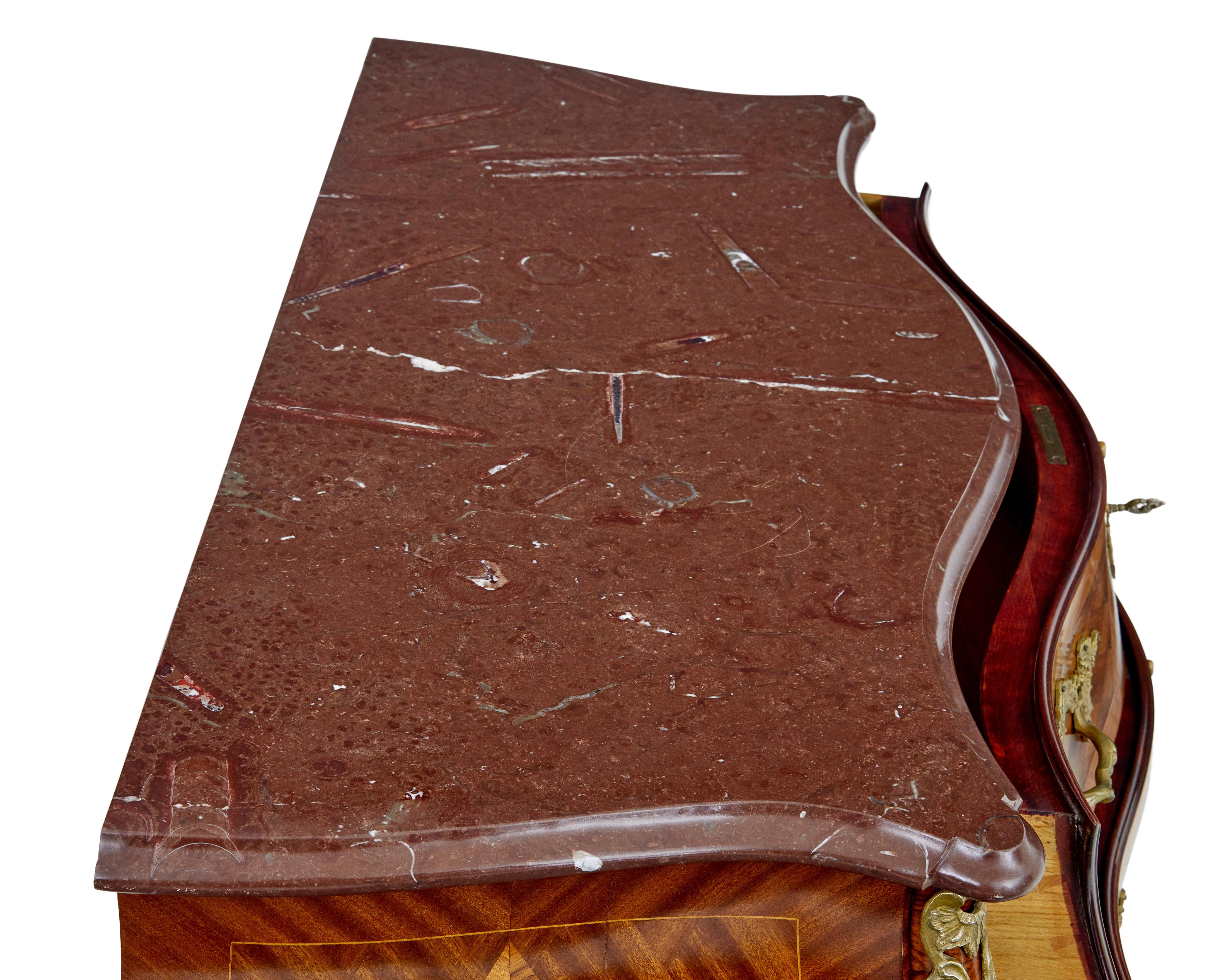 Mid century rococo revival fossil marble bombe commode In Good Condition For Sale In Debenham, Suffolk
