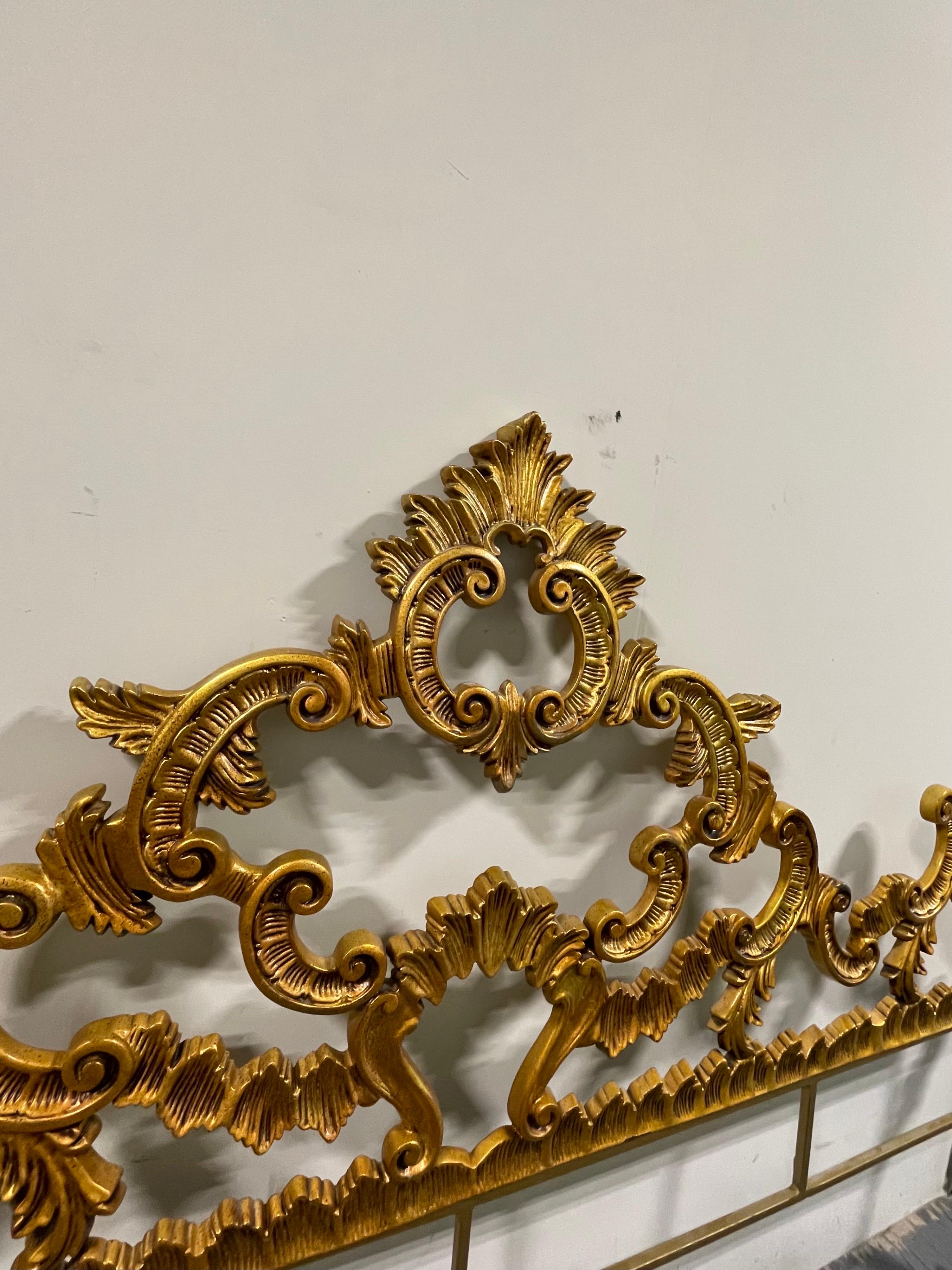 Glam Hollywood Regency, Italian Rococo style king headboard with gold gilt. Cast metal.