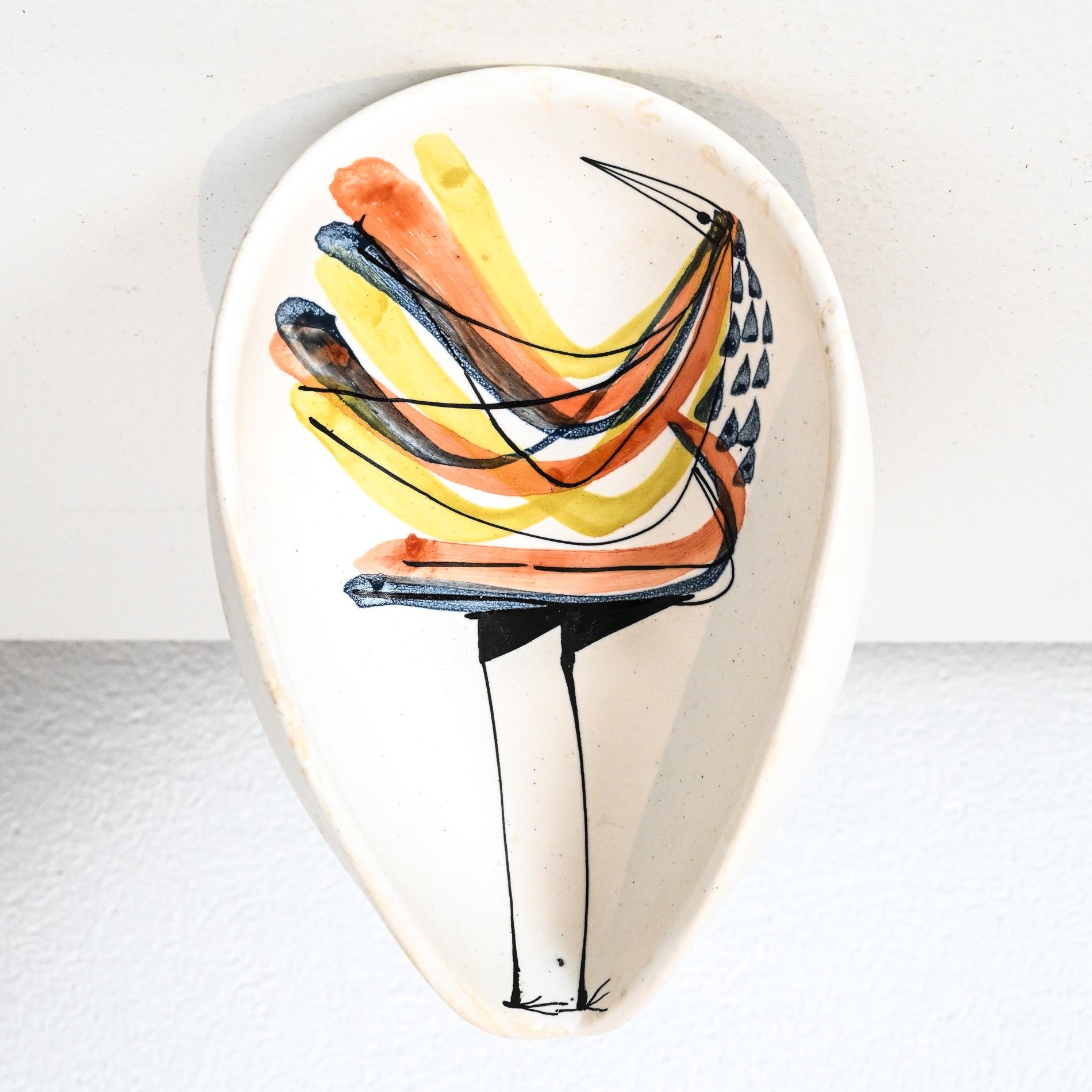 Mid-Century Modern mid century Roger Capron ceramic vide poche with bird motif For Sale
