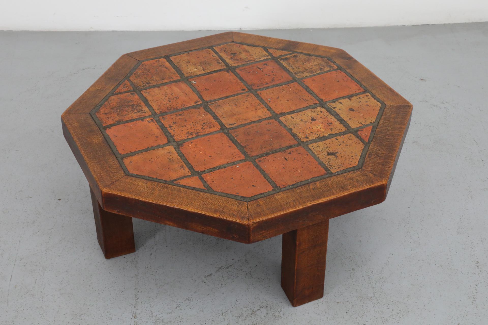 Mid-Century Roger Capron Style Heavy Octagonal Oak and Tile Coffee Table 3