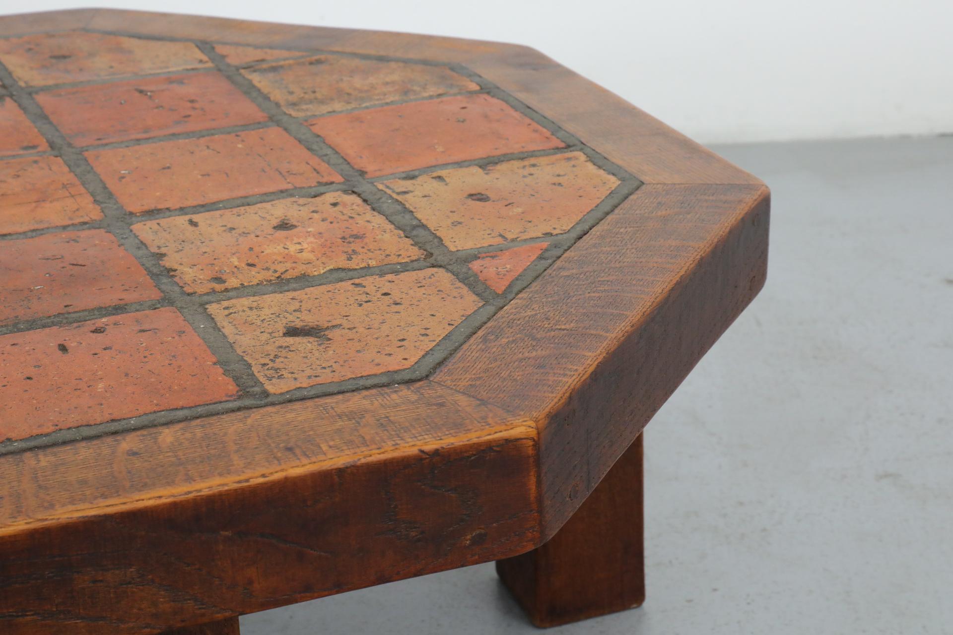 Mid-Century Roger Capron Style Heavy Octagonal Oak and Tile Coffee Table 9