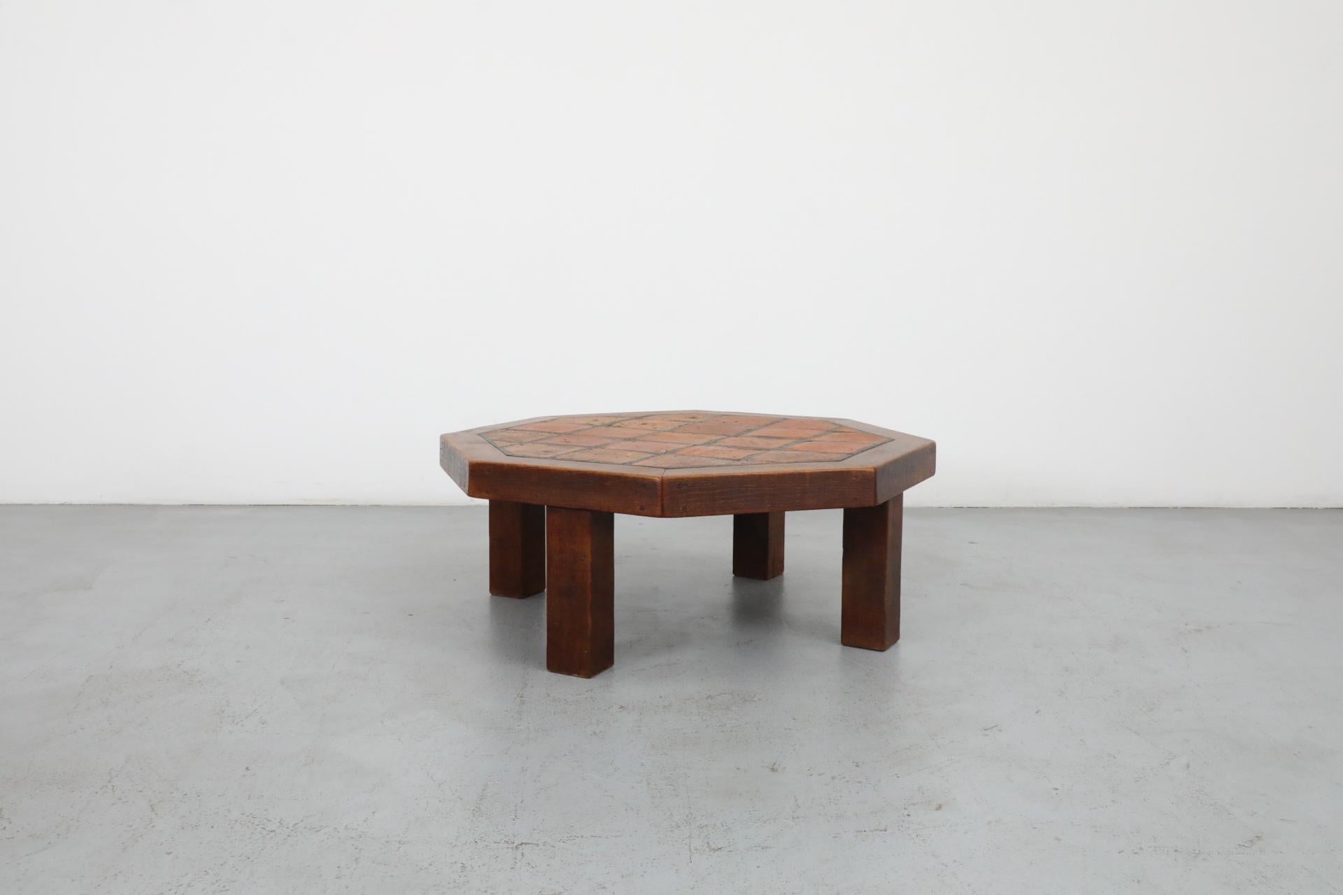 Dutch Mid-Century Roger Capron Style Heavy Octagonal Oak and Tile Coffee Table