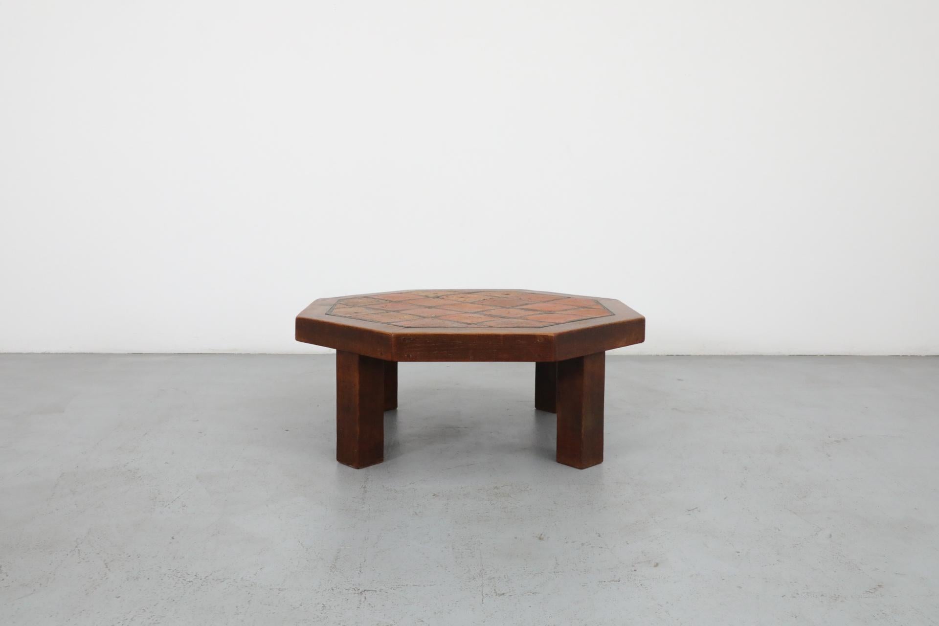 Mid-Century Roger Capron Style Heavy Octagonal Oak and Tile Coffee Table In Good Condition In Los Angeles, CA