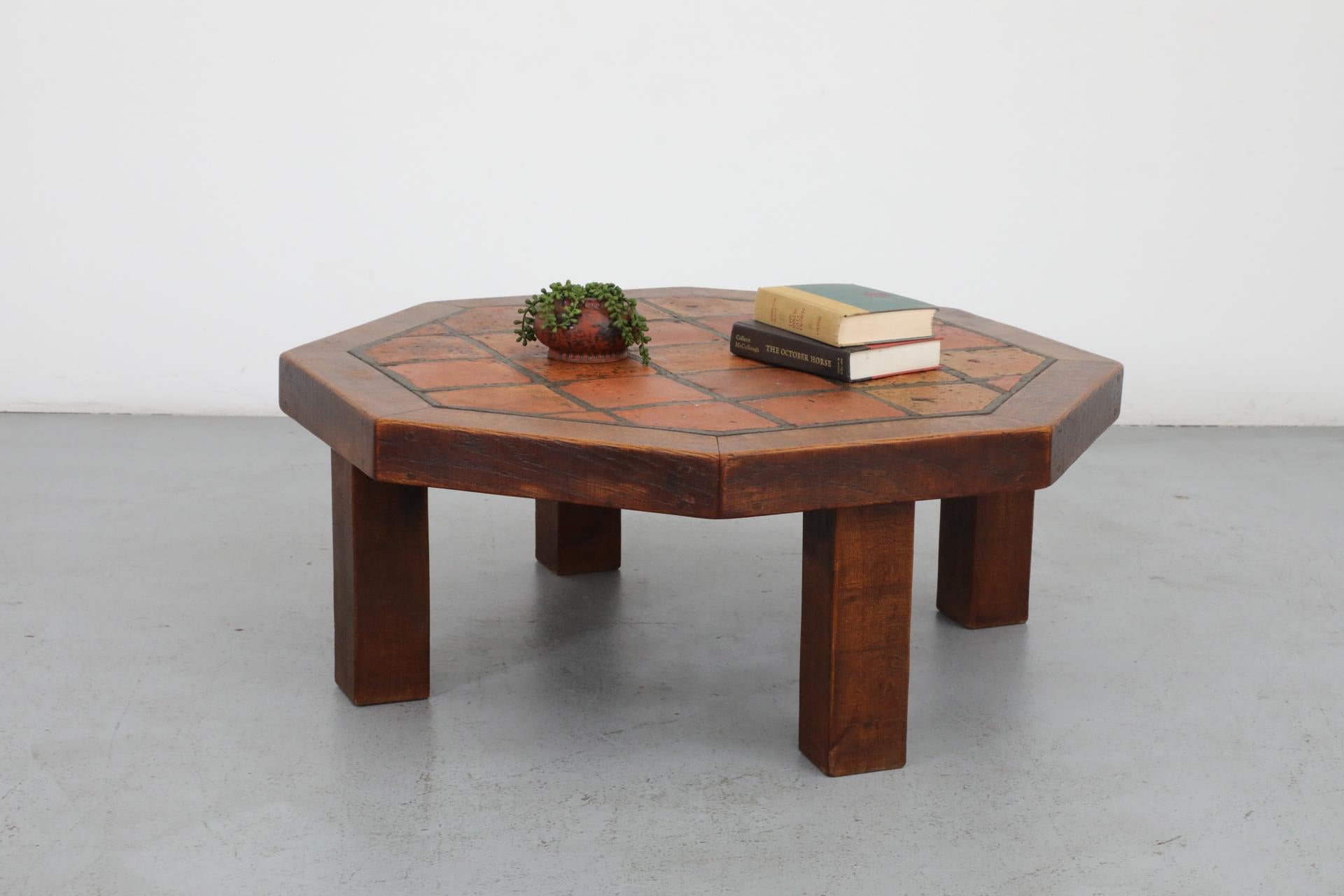 Mid-Century Roger Capron Style Heavy Octagonal Oak and Tile Coffee Table 1