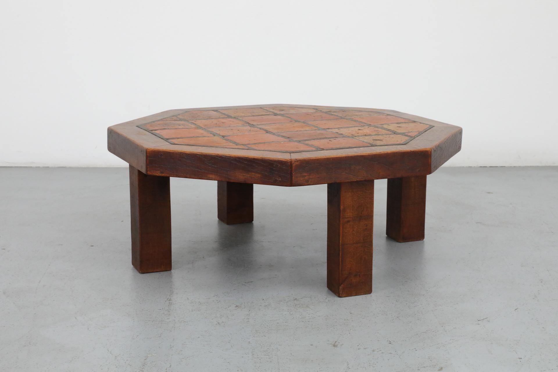 Mid-Century Roger Capron Style Heavy Octagonal Oak and Tile Coffee Table 2