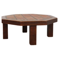 Mid-Century Roger Capron Style Heavy Octagonal Oak and Tile Coffee Table