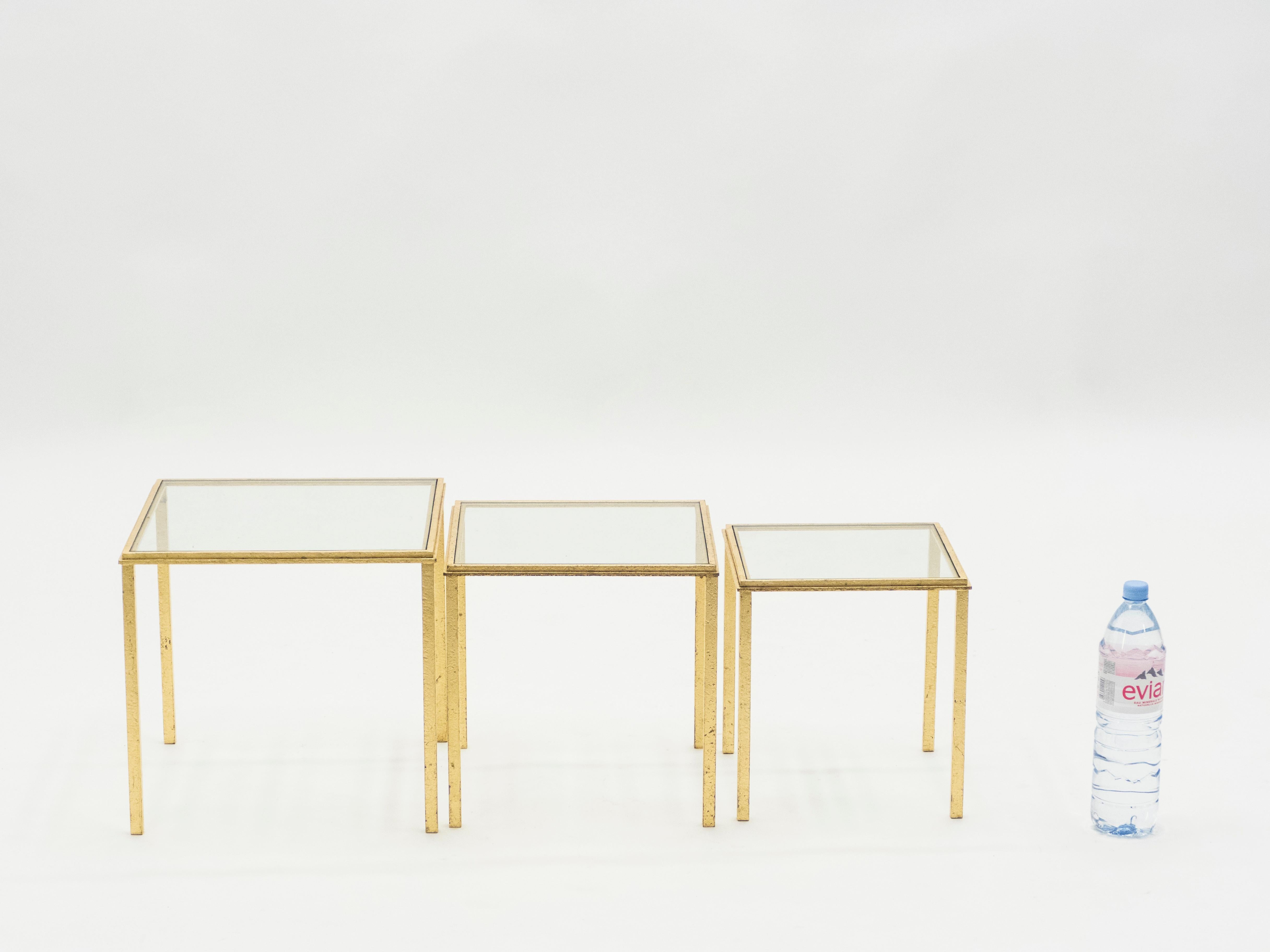 Midcentury Roger Thibier Gilt Wrought Iron Gold Leaf Nesting Tables, 1960s 3