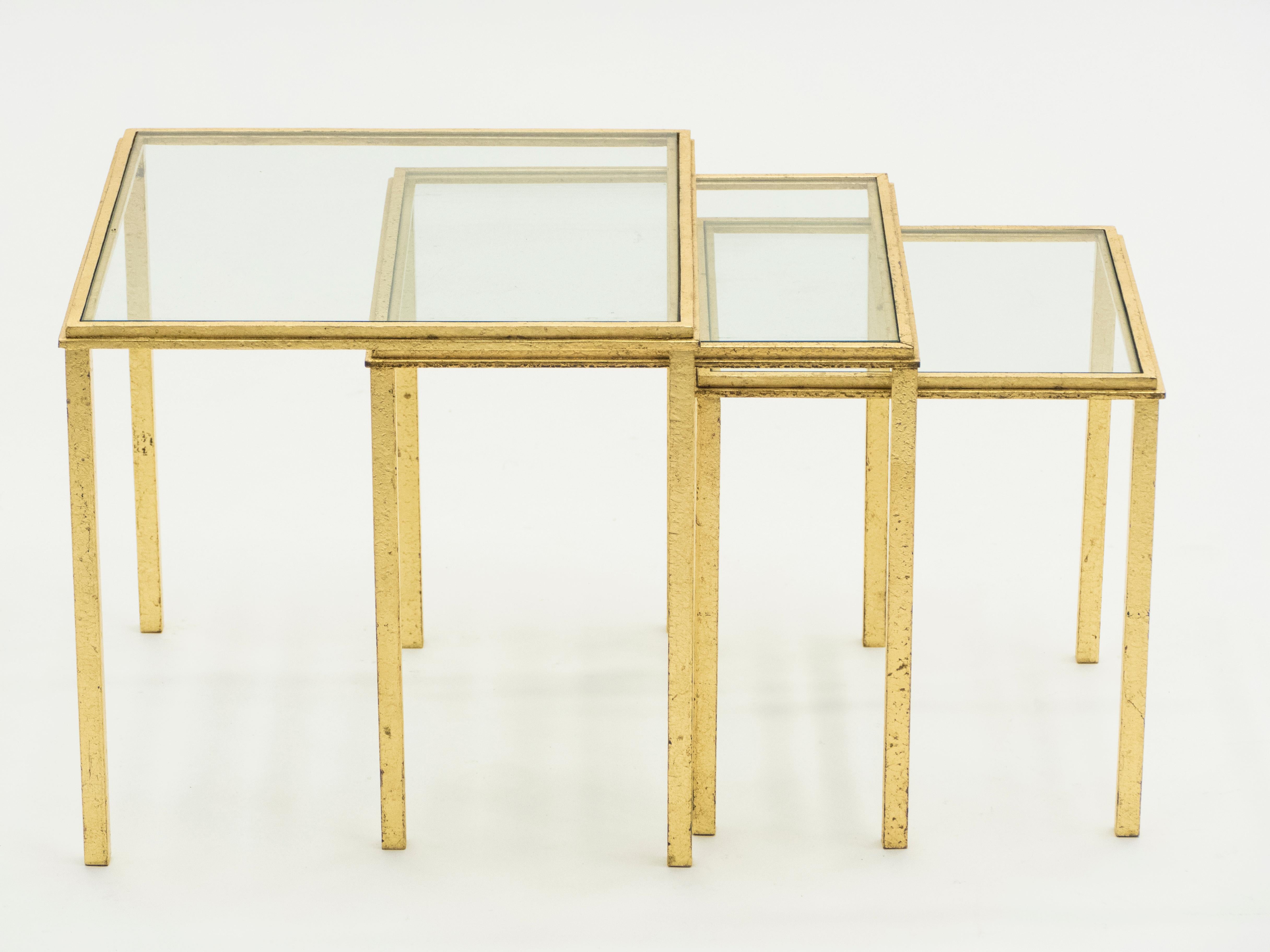 Midcentury Roger Thibier Gilt Wrought Iron Gold Leaf Nesting Tables, 1960s 7