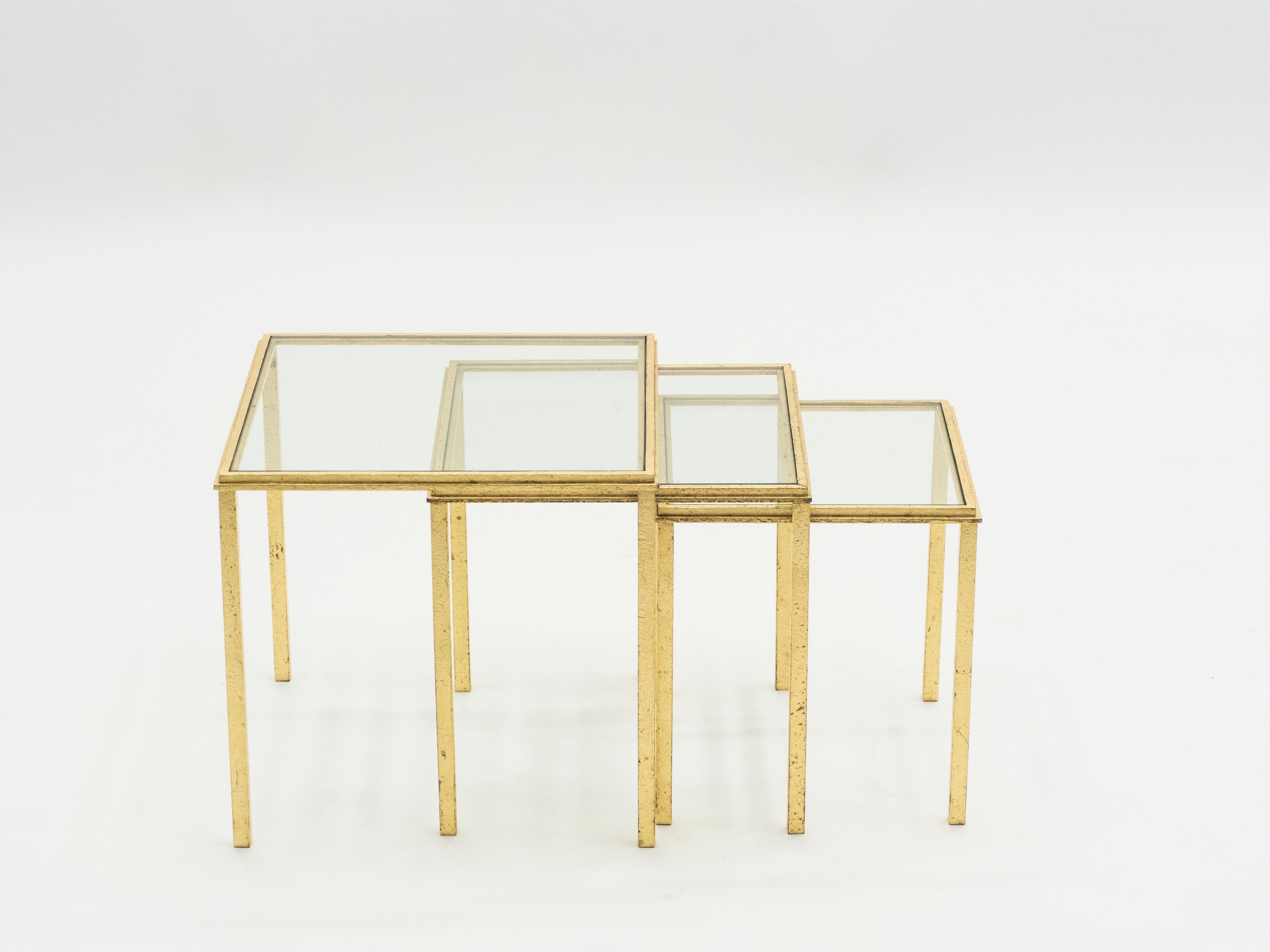 Midcentury Roger Thibier Gilt Wrought Iron Gold Leaf Nesting Tables, 1960s In Good Condition In Paris, IDF