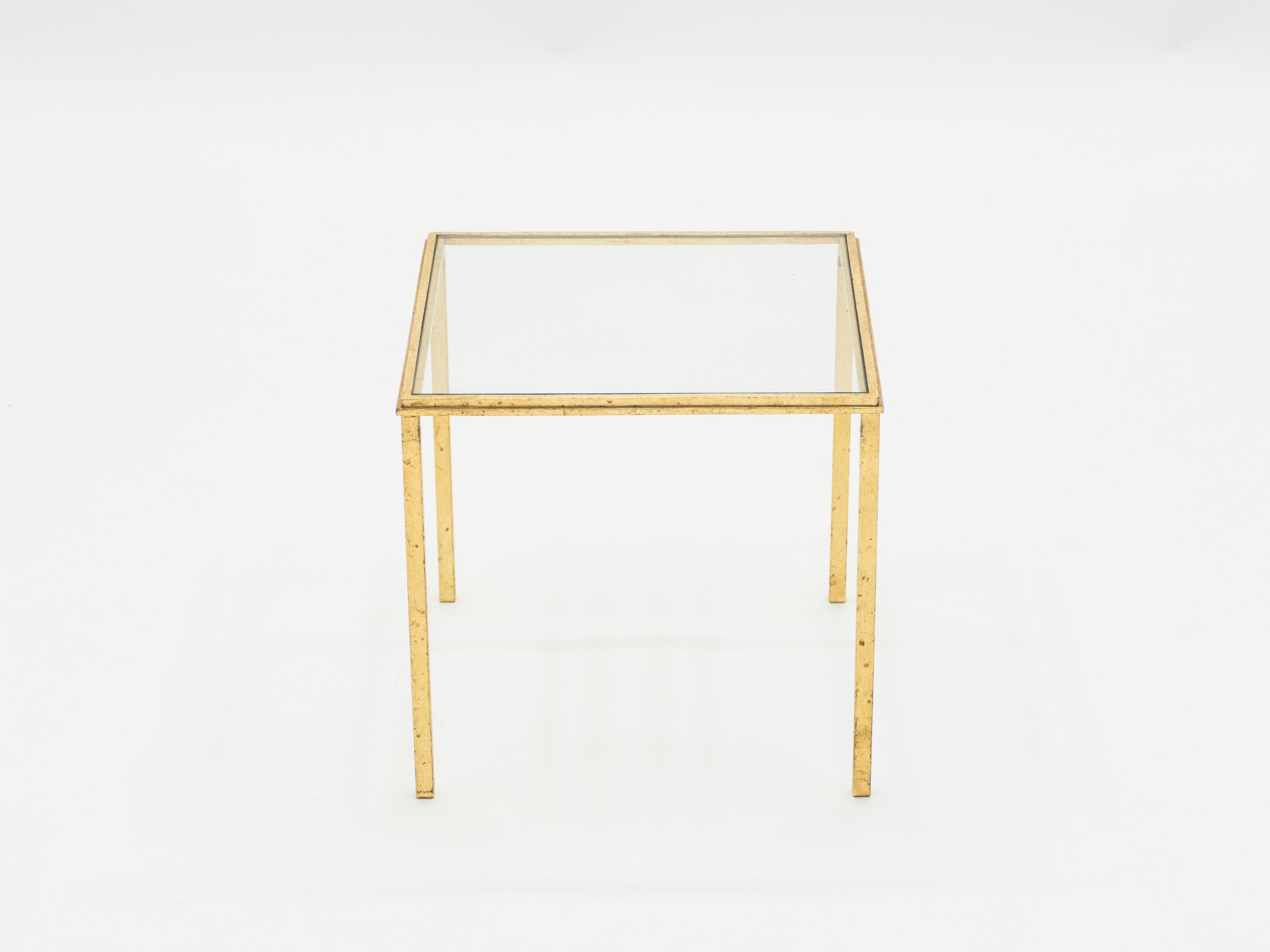 Glass Midcentury Roger Thibier Gilt Wrought Iron Gold Leaf Nesting Tables, 1960s