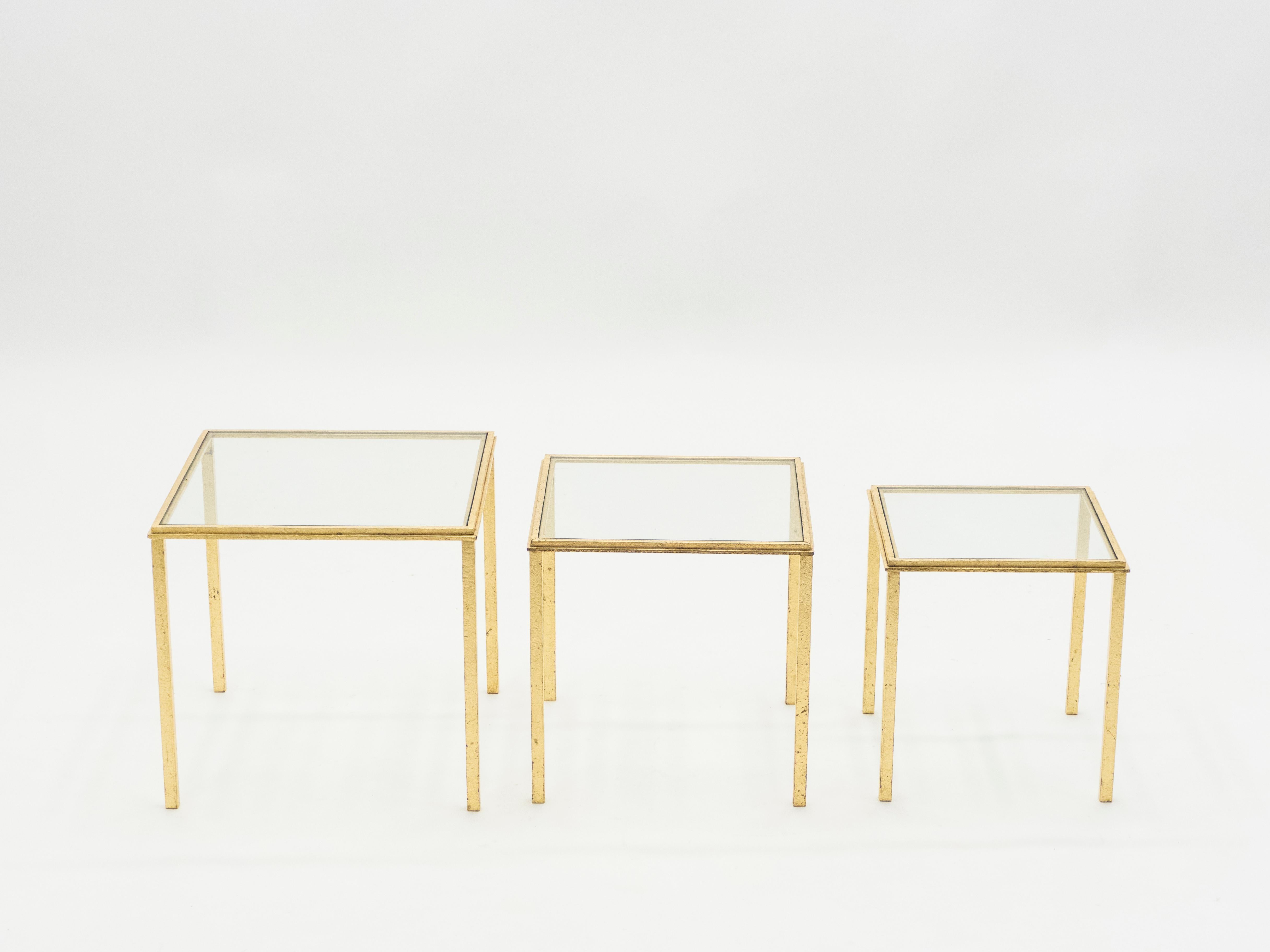 Mid-Century Modern Midcentury Roger Thibier Gilt Wrought Iron Gold Leaf Nesting Tables, 1960s