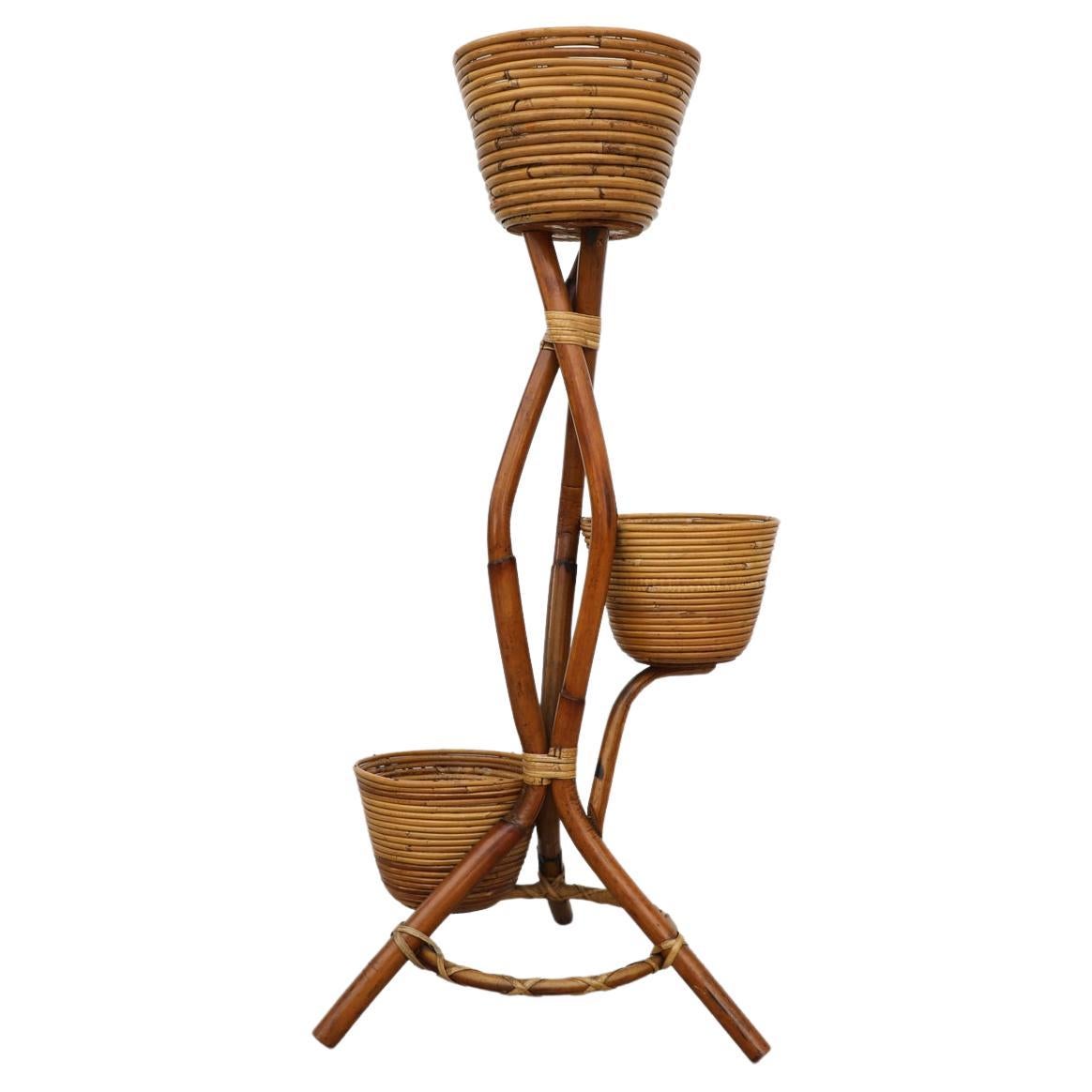MidCentury Rohe (attr) Standing Bamboo Planter For Sale at 1stDibs