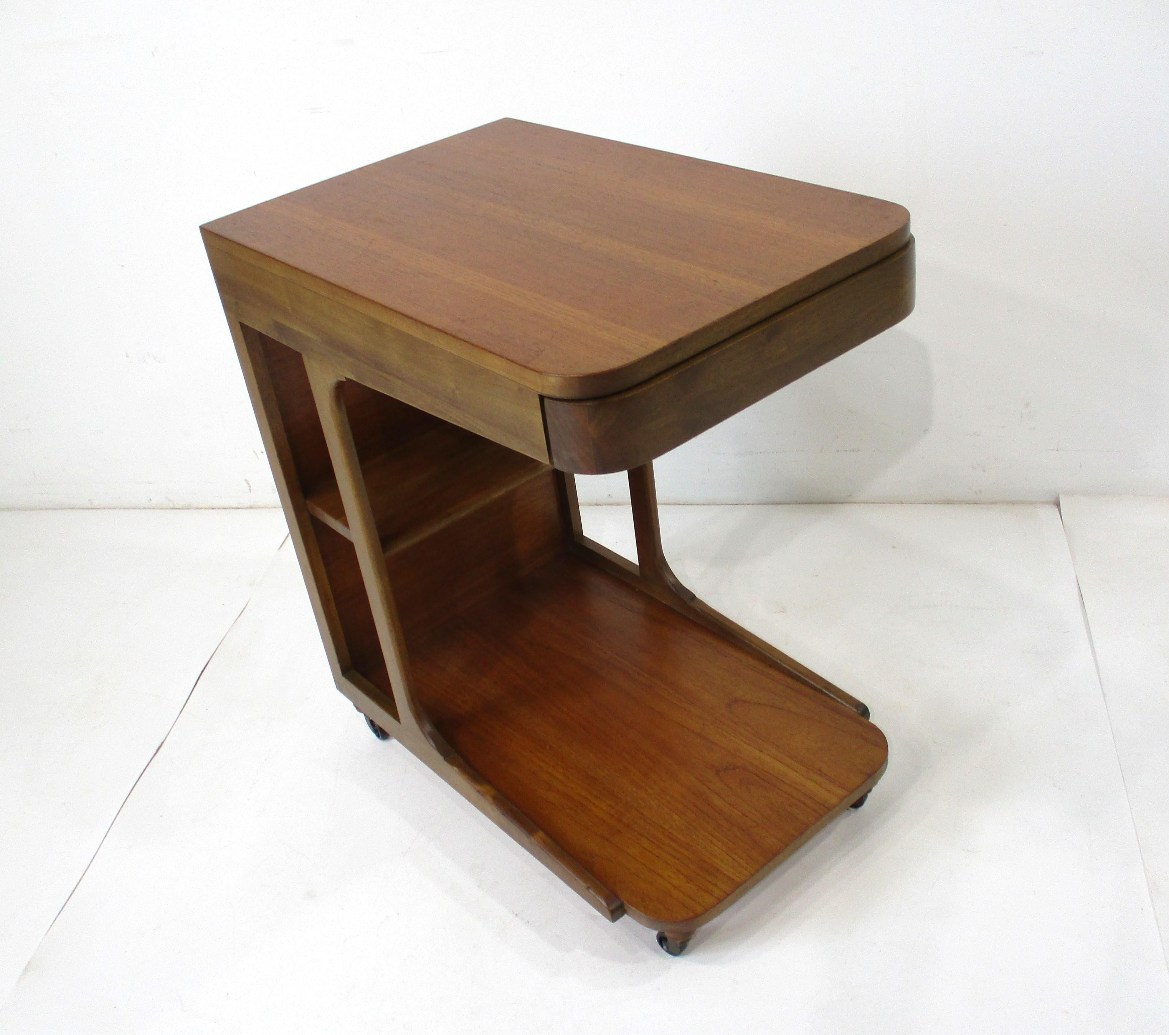 Mahogany Dunbar styled Mid Century Rolling Bar Cart For Sale