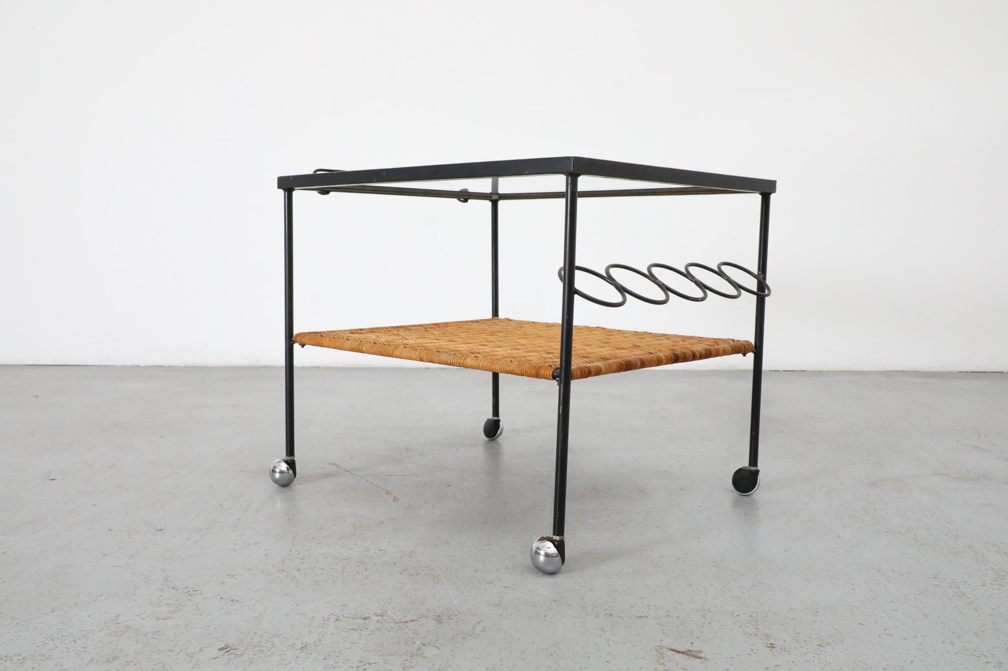 Mid-Century Rolling Bar Cart with Clear Glass and Rattan Shelf For Sale 2