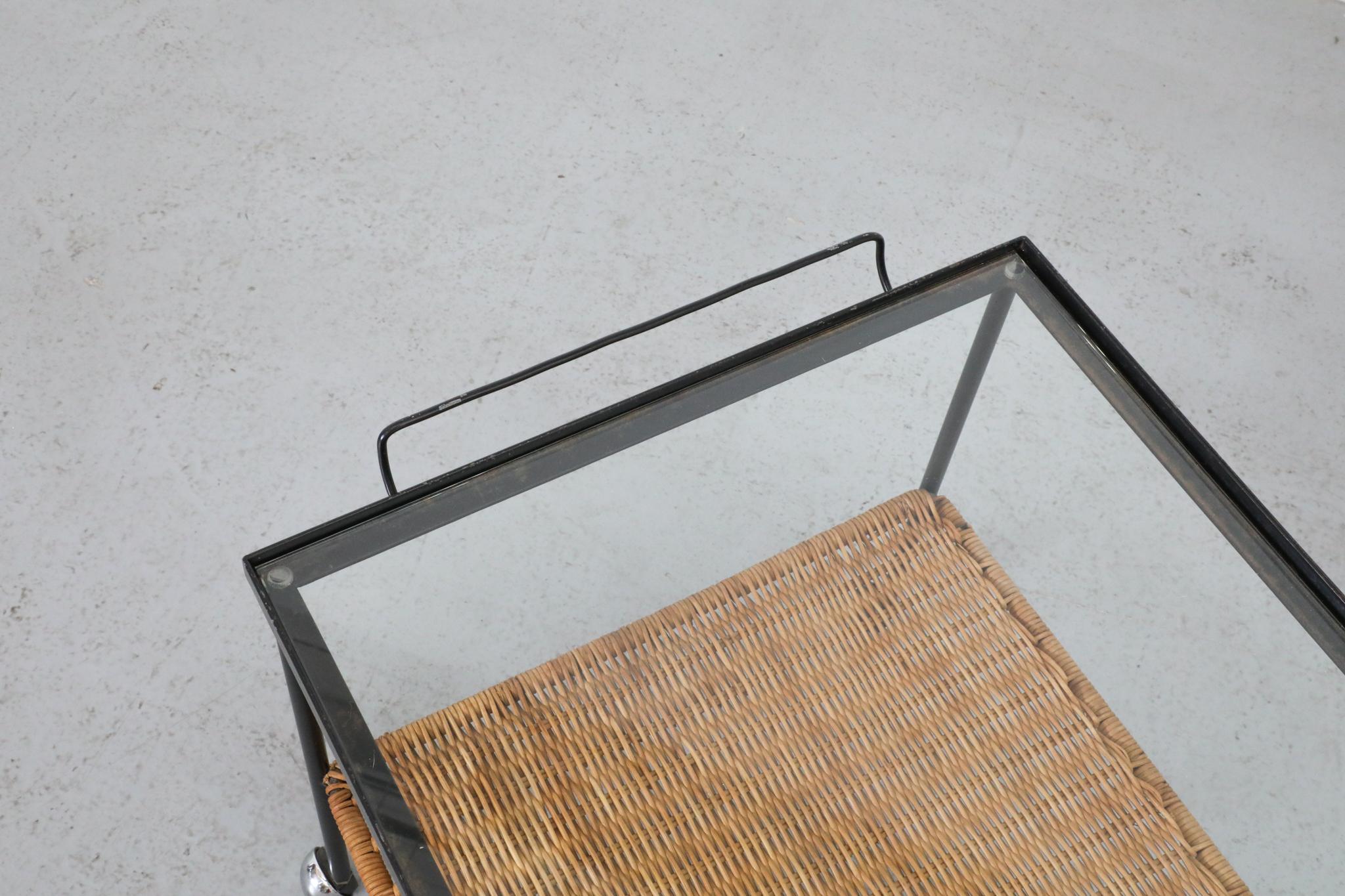 Mid-Century Rolling Bar Cart with Clear Glass and Rattan Shelf For Sale 3