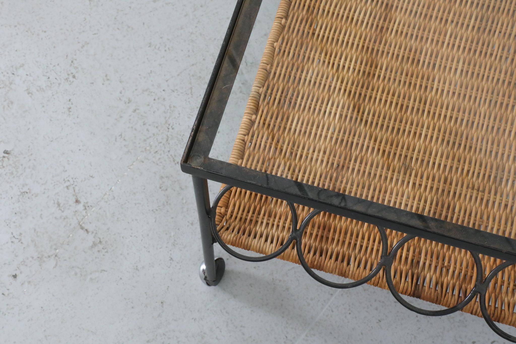 Mid-Century Rolling Bar Cart with Clear Glass and Rattan Shelf For Sale 4