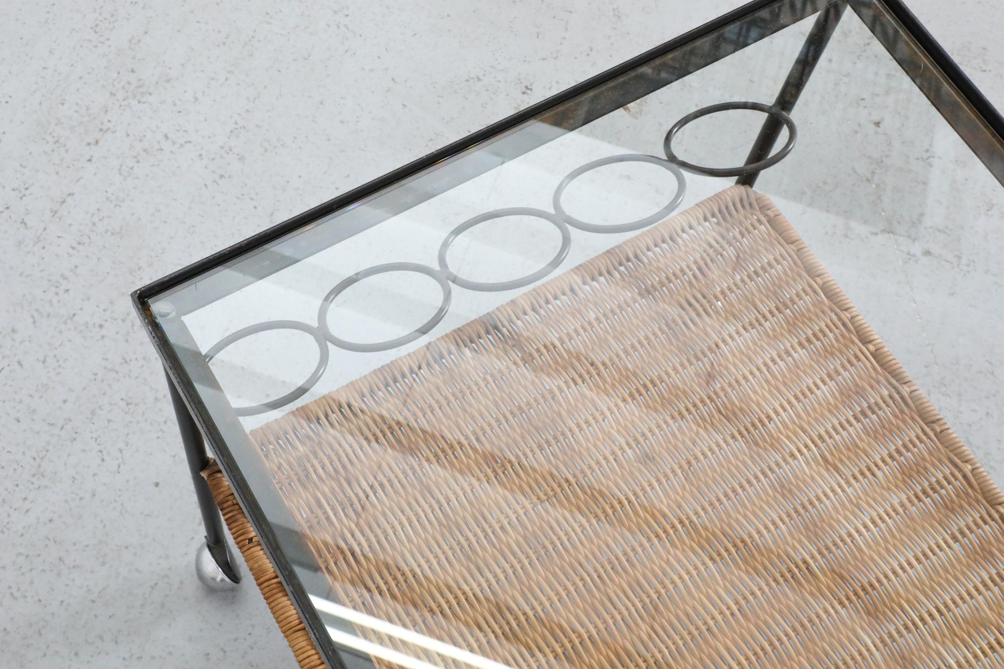 Mid-Century Rolling Bar Cart with Clear Glass and Rattan Shelf For Sale 5