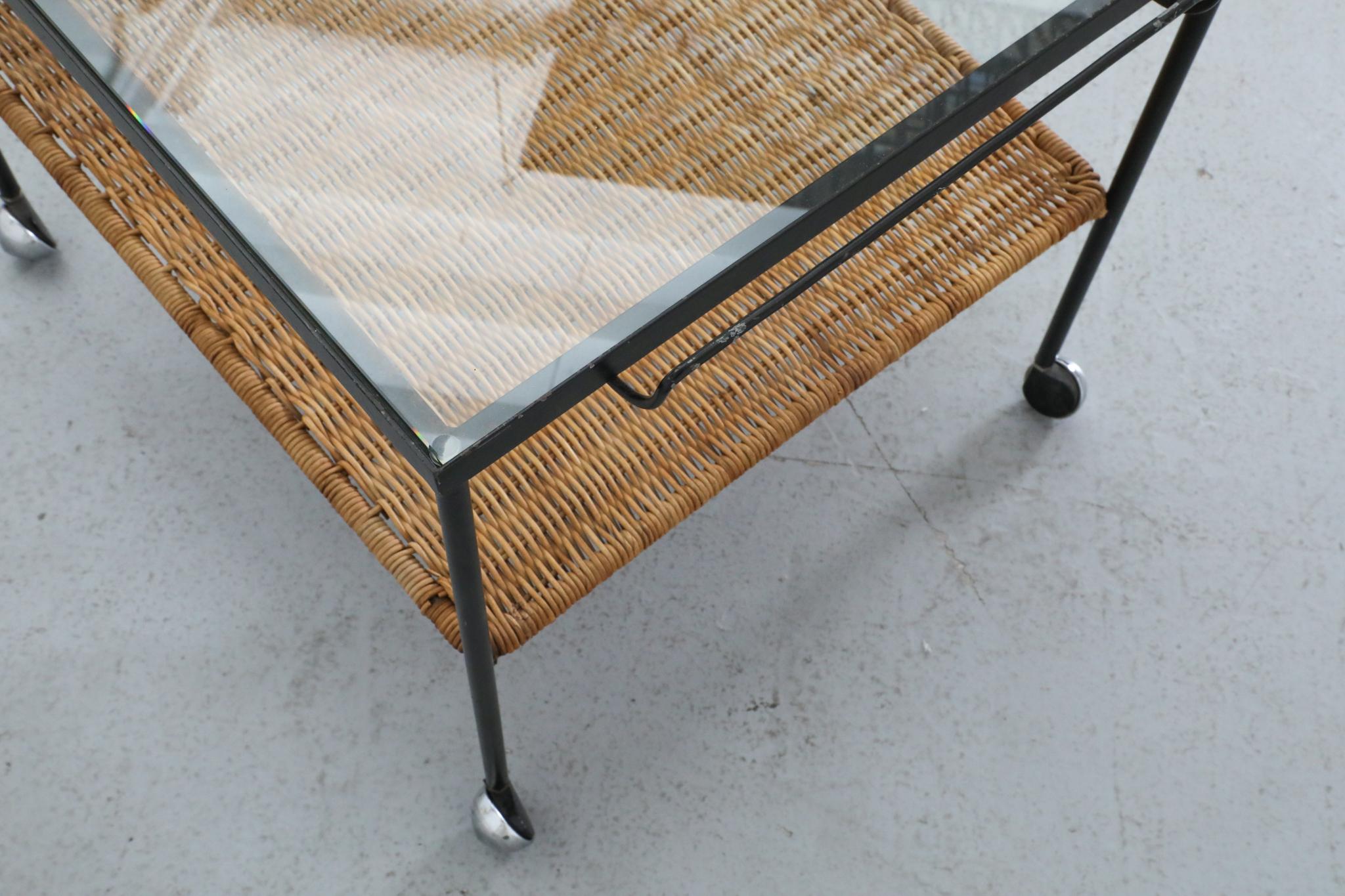 Mid-Century Rolling Bar Cart with Clear Glass and Rattan Shelf For Sale 6