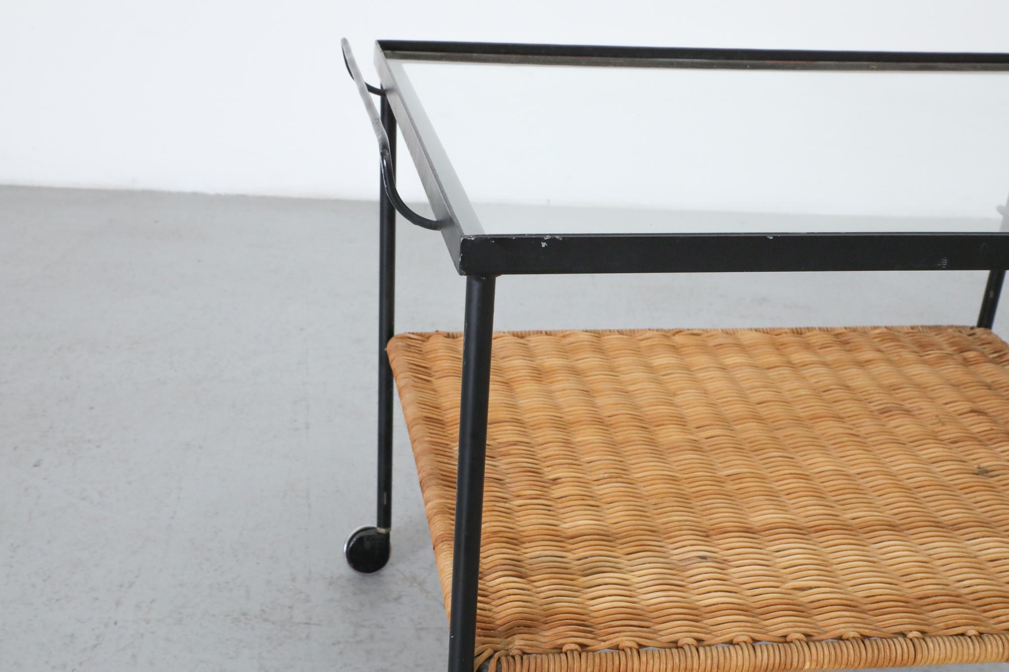 Mid-Century Rolling Bar Cart with Clear Glass and Rattan Shelf For Sale 7