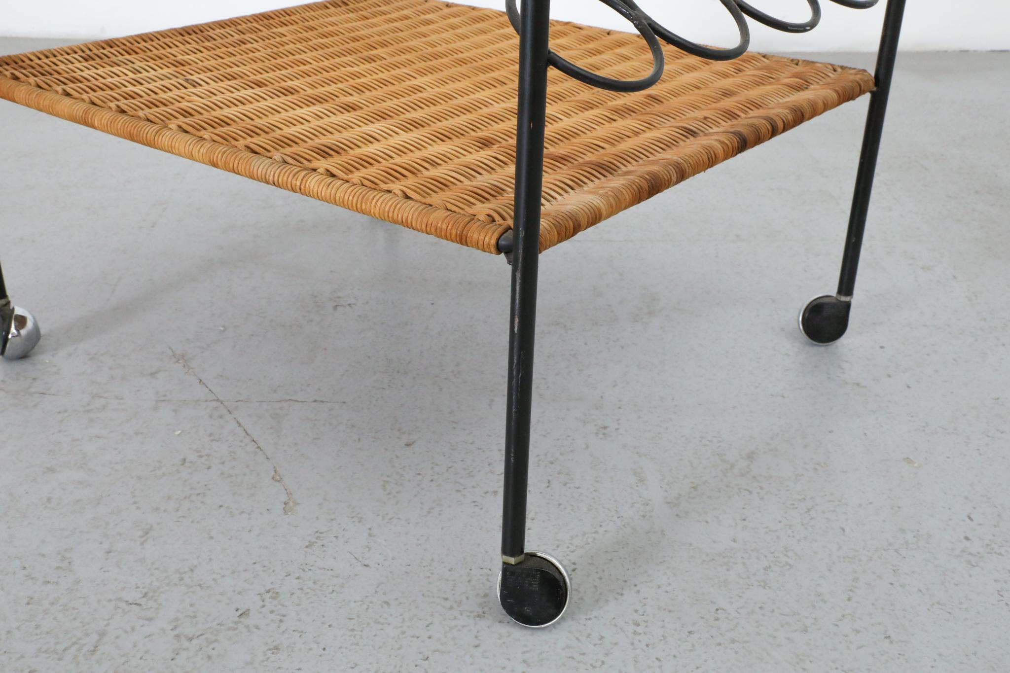 Mid-Century Rolling Bar Cart with Clear Glass and Rattan Shelf For Sale 10