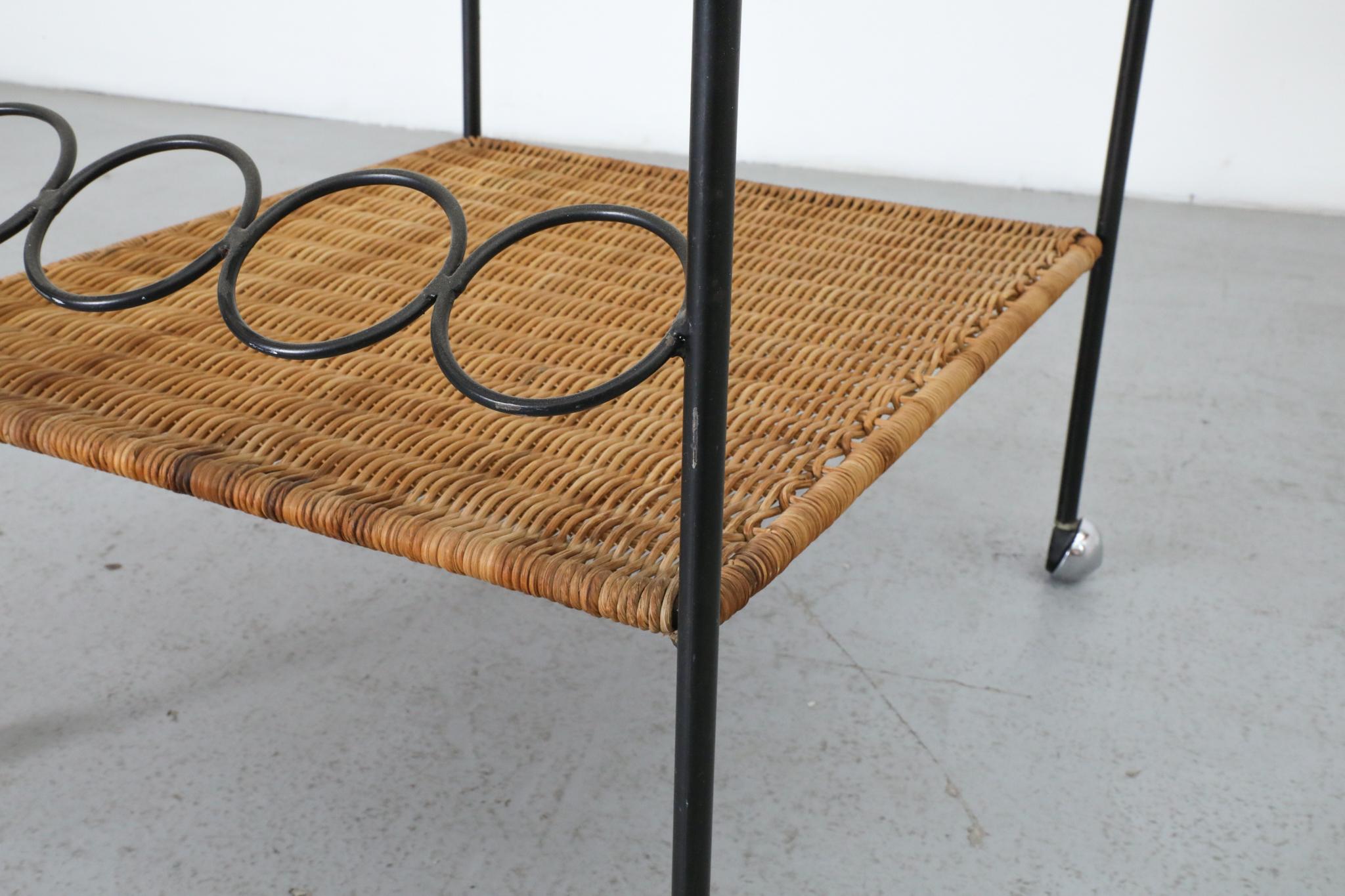 Mid-Century Rolling Bar Cart with Clear Glass and Rattan Shelf For Sale 11