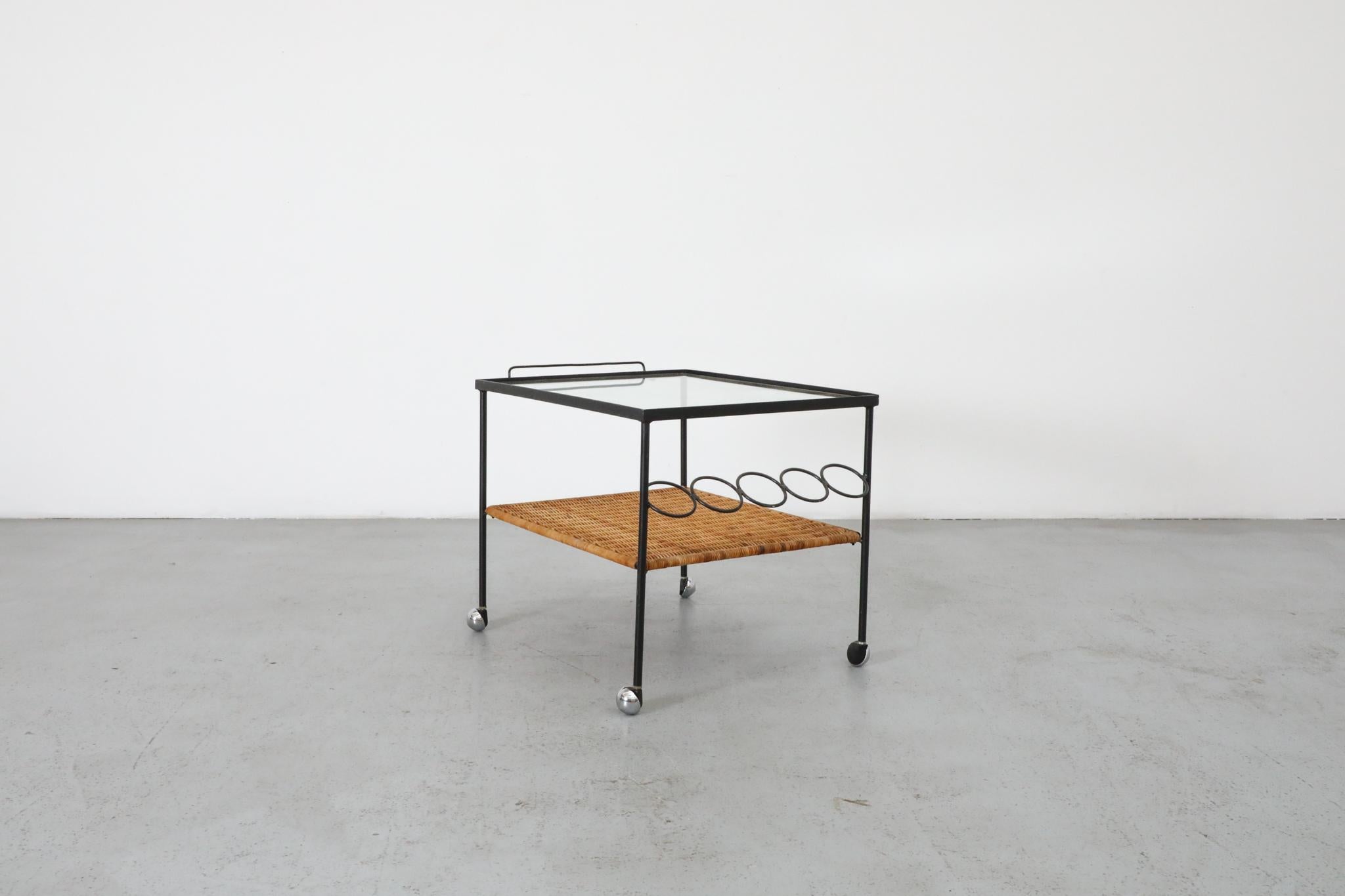 Mid-Century Modern Mid-Century Rolling Bar Cart with Clear Glass and Rattan Shelf For Sale